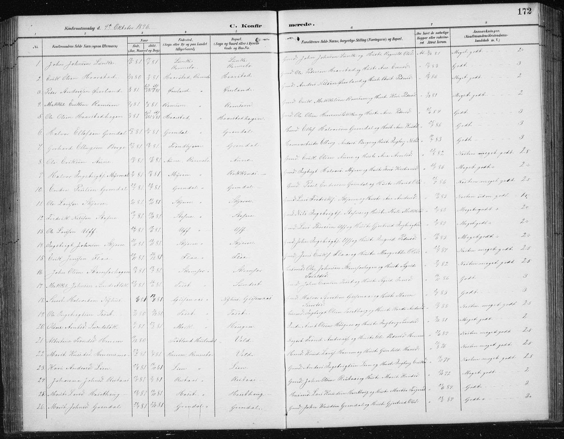 Ministerialprotokoller, klokkerbøker og fødselsregistre - Sør-Trøndelag, SAT/A-1456/674/L0876: Parish register (copy) no. 674C03, 1892-1912, p. 172