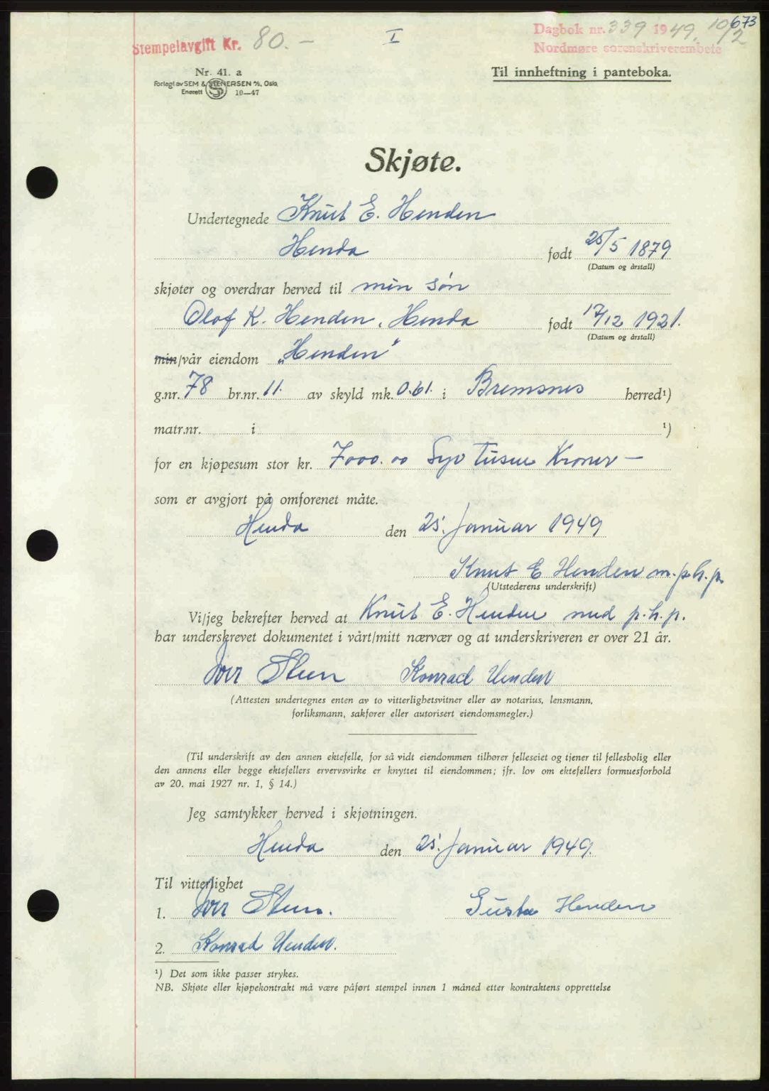 Nordmøre sorenskriveri, AV/SAT-A-4132/1/2/2Ca: Mortgage book no. A110, 1948-1949, Diary no: : 339/1949