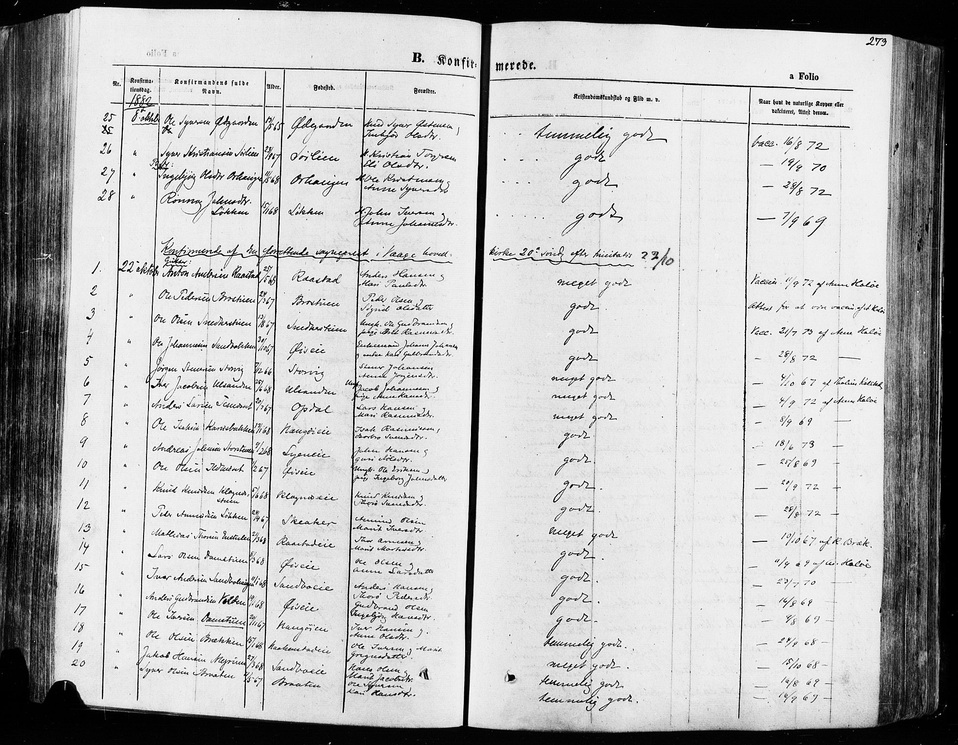 Vågå prestekontor, AV/SAH-PREST-076/H/Ha/Haa/L0007: Parish register (official) no. 7 /1, 1872-1886, p. 273
