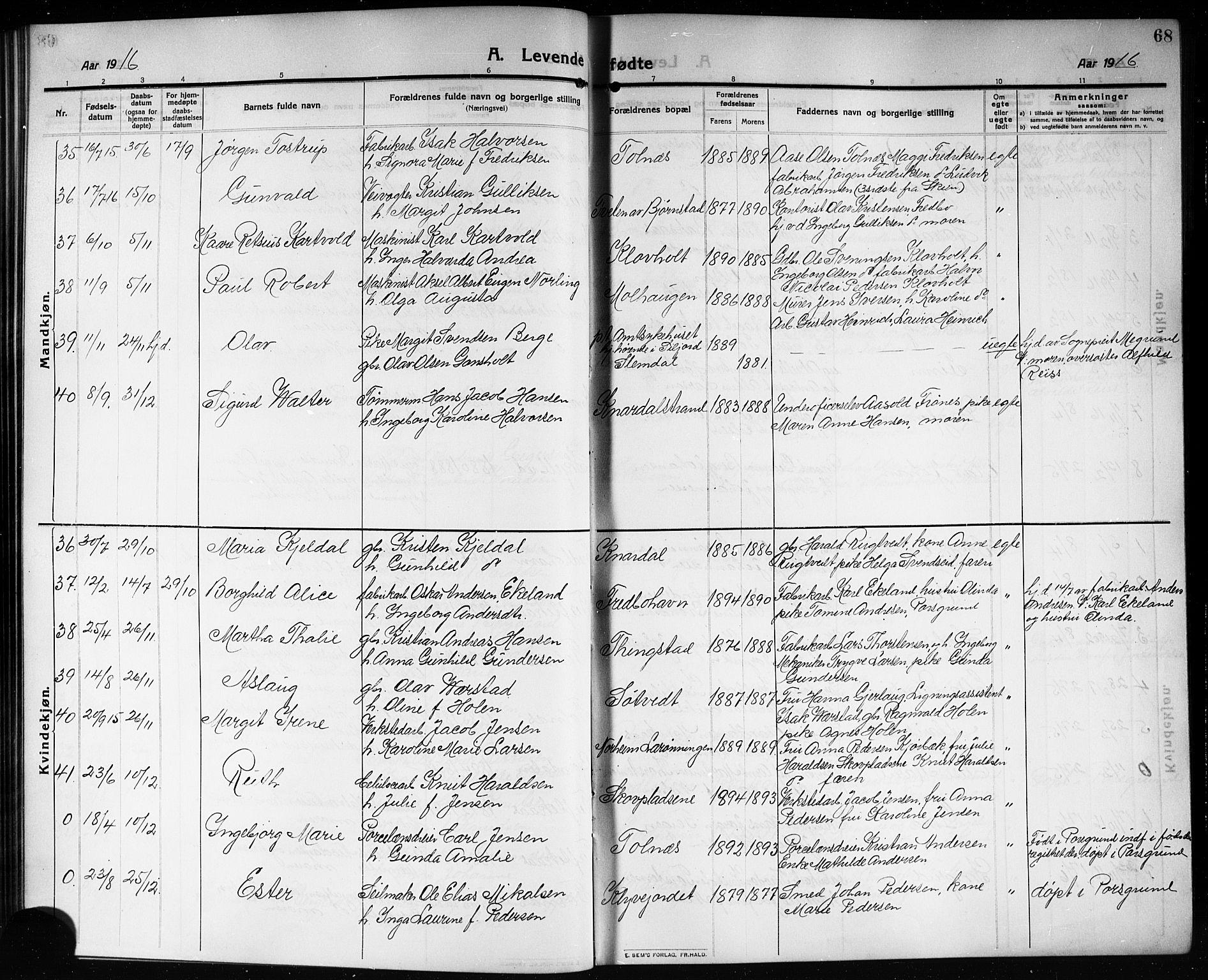 Solum kirkebøker, AV/SAKO-A-306/G/Ga/L0009: Parish register (copy) no. I 9, 1909-1922, p. 68