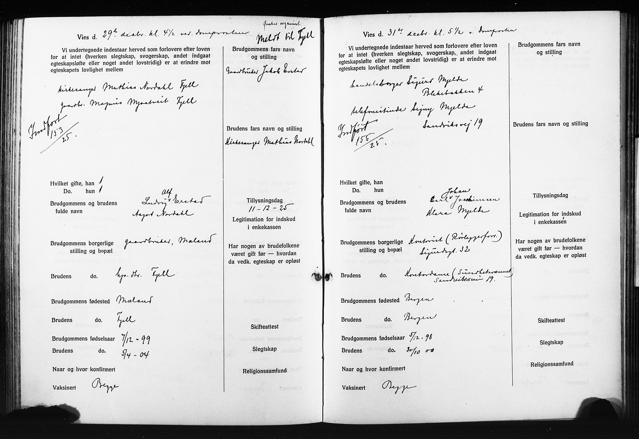 Domkirken sokneprestembete, AV/SAB-A-74801: Best man's statements no. II.5.14, 1922-1927, p. 255