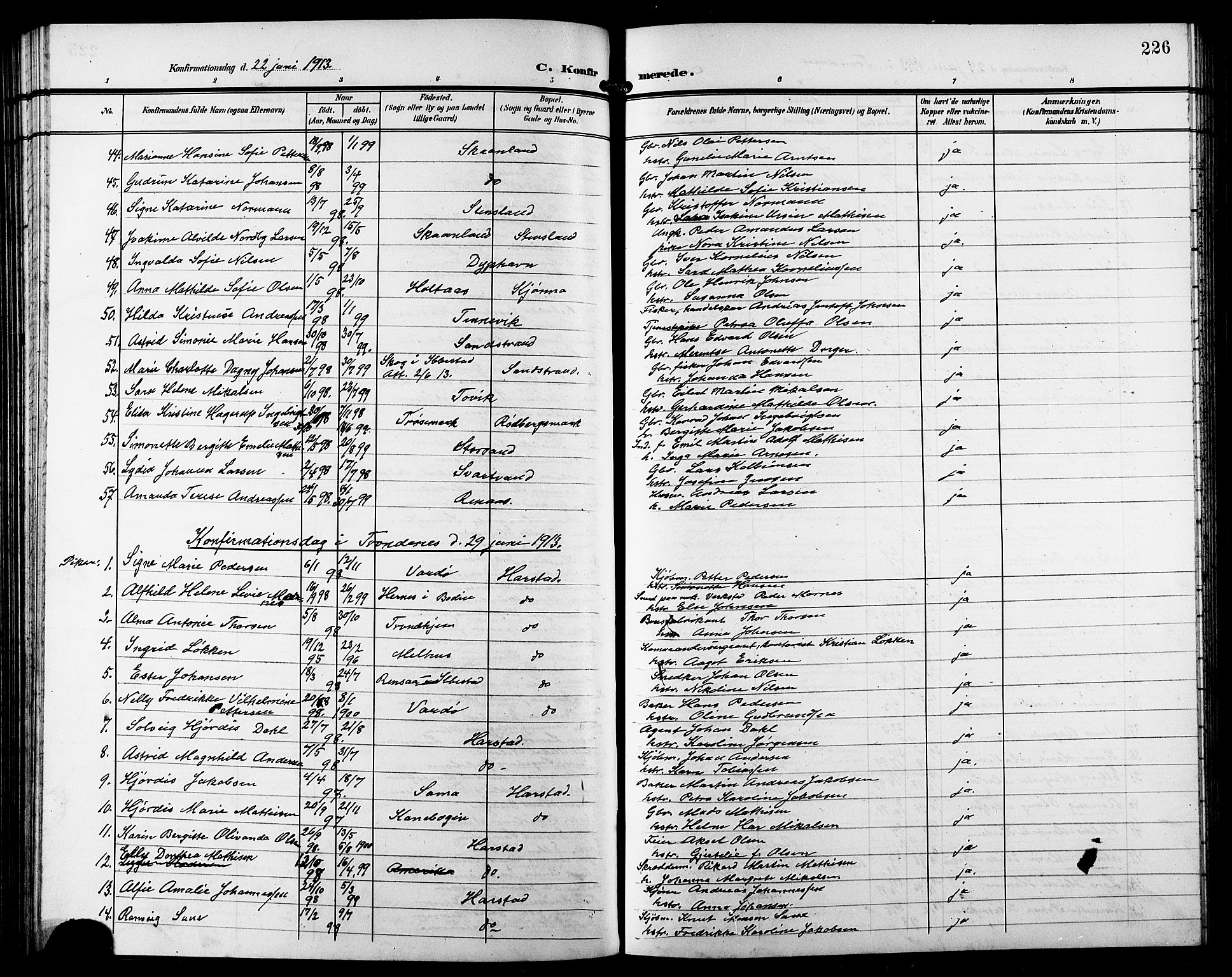 Trondenes sokneprestkontor, AV/SATØ-S-1319/H/Hb/L0012klokker: Parish register (copy) no. 12, 1907-1916, p. 226