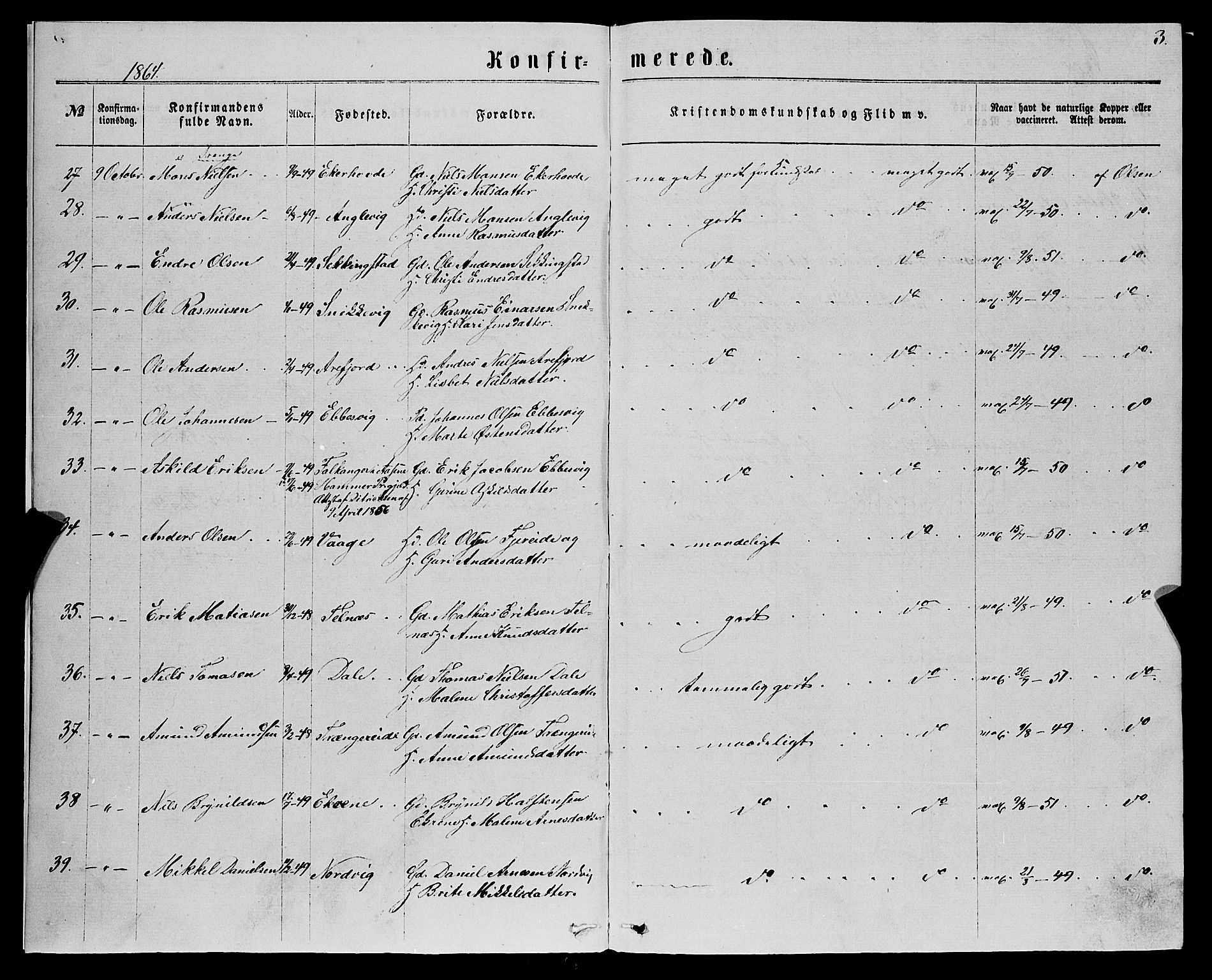 Fjell sokneprestembete, AV/SAB-A-75301/H/Haa: Parish register (official) no. A 5, 1864-1877, p. 3