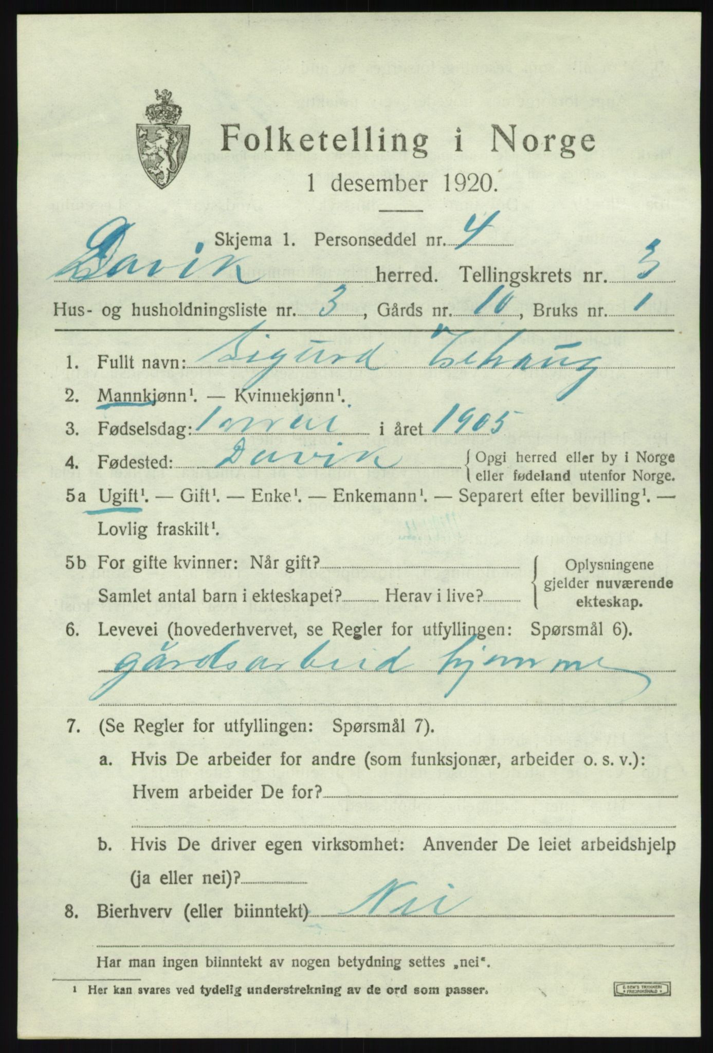 SAB, 1920 census for Davik, 1920, p. 1821