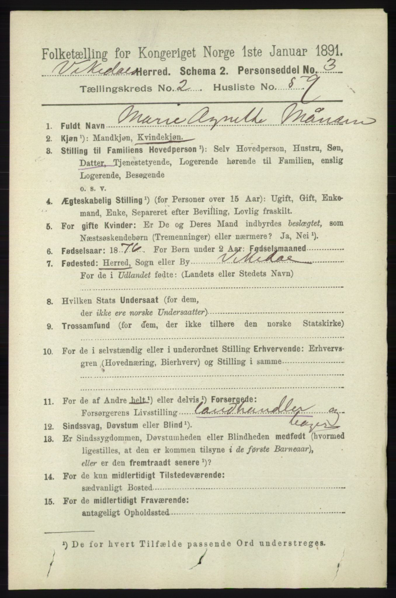 RA, 1891 census for 1157 Vikedal, 1891, p. 670