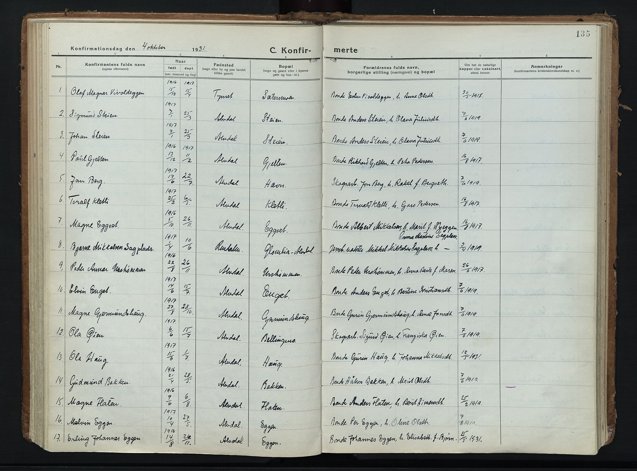 Alvdal prestekontor, AV/SAH-PREST-060/H/Ha/Haa/L0006: Parish register (official) no. 6, 1920-1937, p. 135