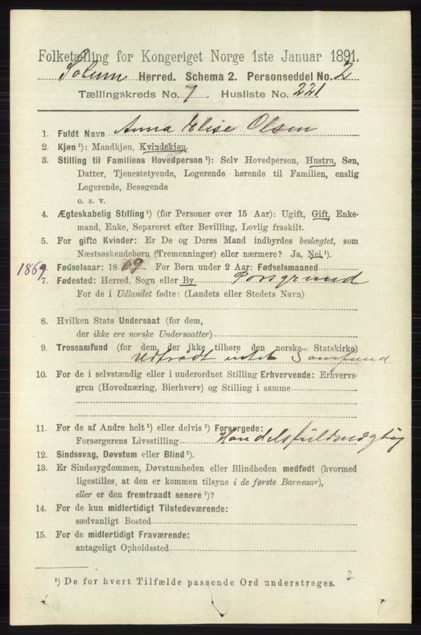 RA, 1891 census for 0818 Solum, 1891, p. 4018