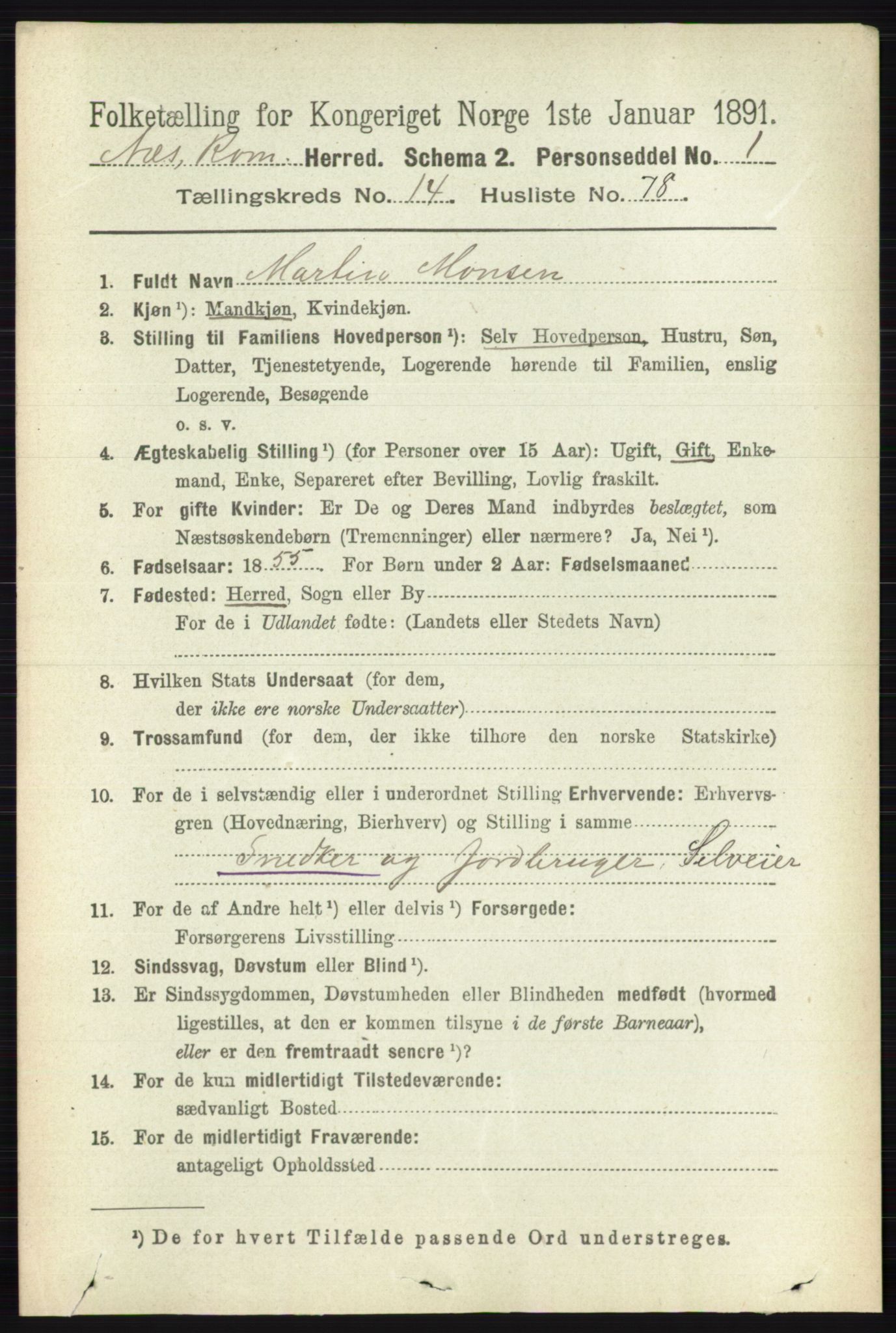 RA, 1891 census for 0236 Nes, 1891, p. 8912