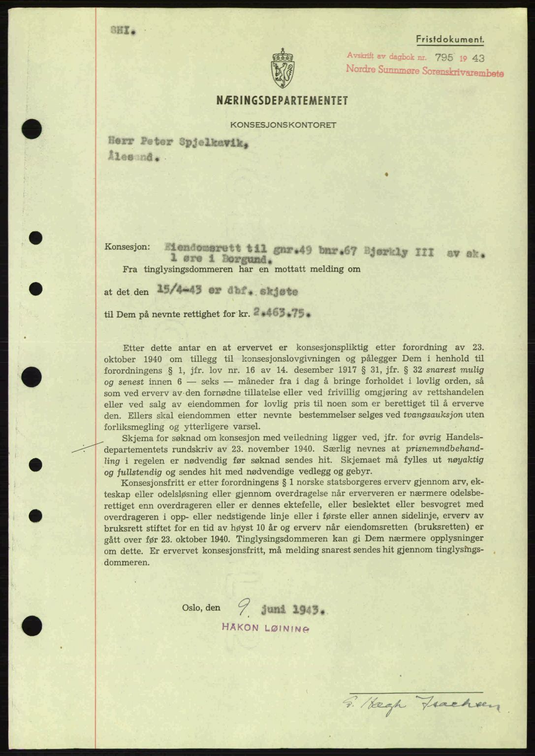 Nordre Sunnmøre sorenskriveri, SAT/A-0006/1/2/2C/2Ca: Mortgage book no. B6-14 a, 1942-1945, Diary no: : 795/1943