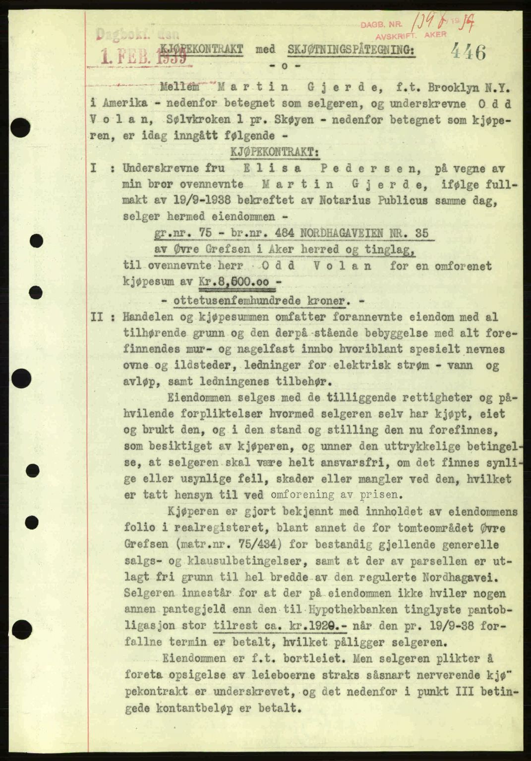 Aker herredsskriveri, AV/SAO-A-10896/G/Gb/Gba/Gbab/L0028: Mortgage book no. A157, 1938-1939, Diary no: : 1397/1939
