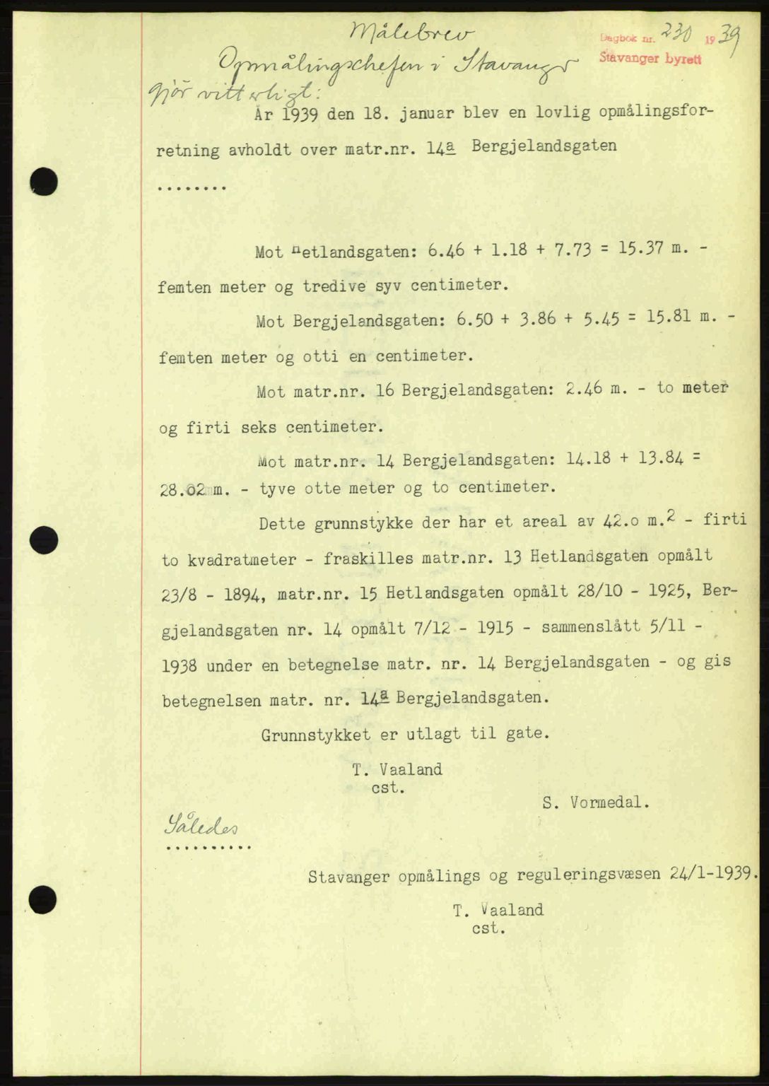 Stavanger byrett, SAST/A-100455/002/G/Gb/L0014: Mortgage book no. A4, 1938-1939, Diary no: : 230/1939