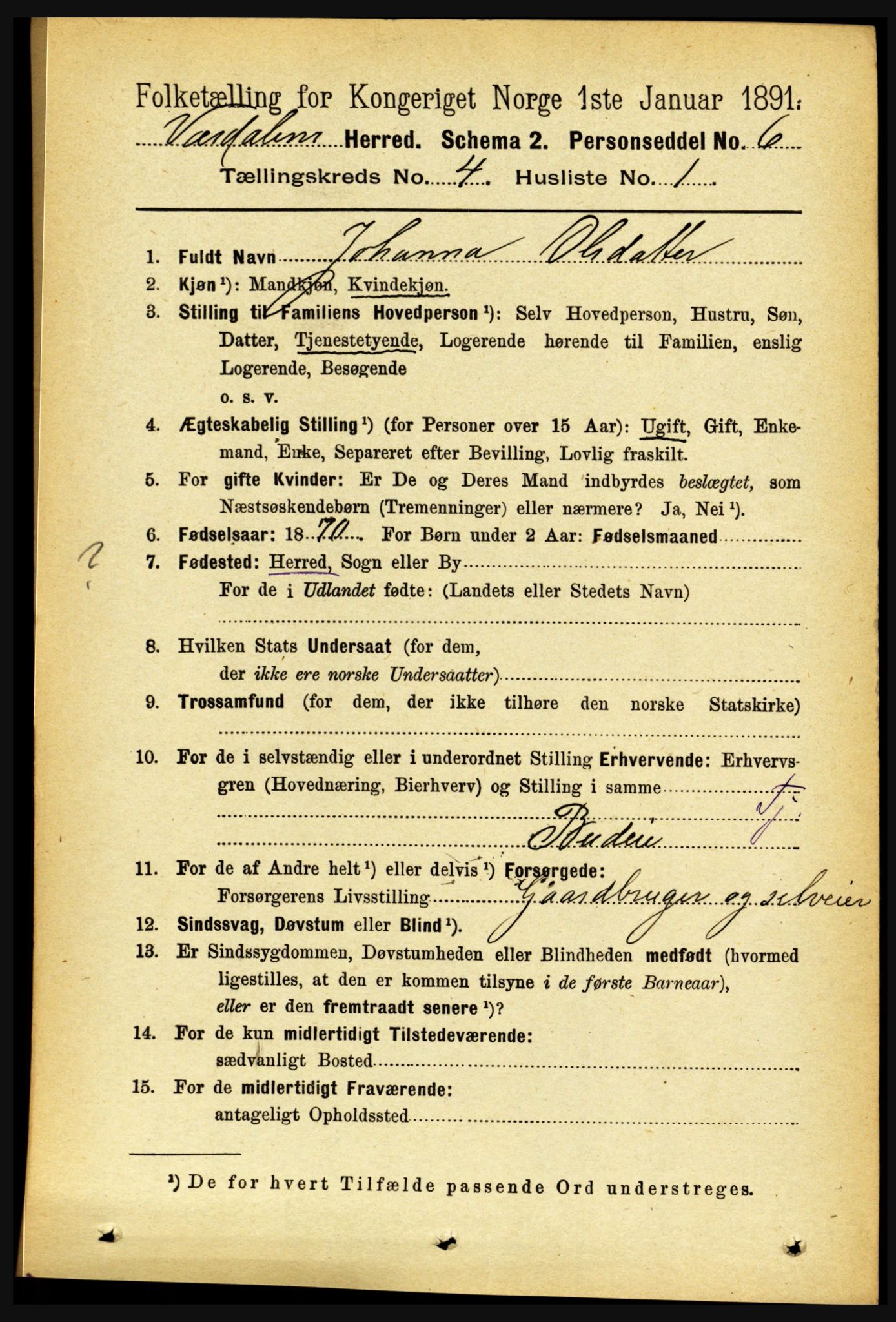 RA, 1891 census for 1721 Verdal, 1891, p. 2483