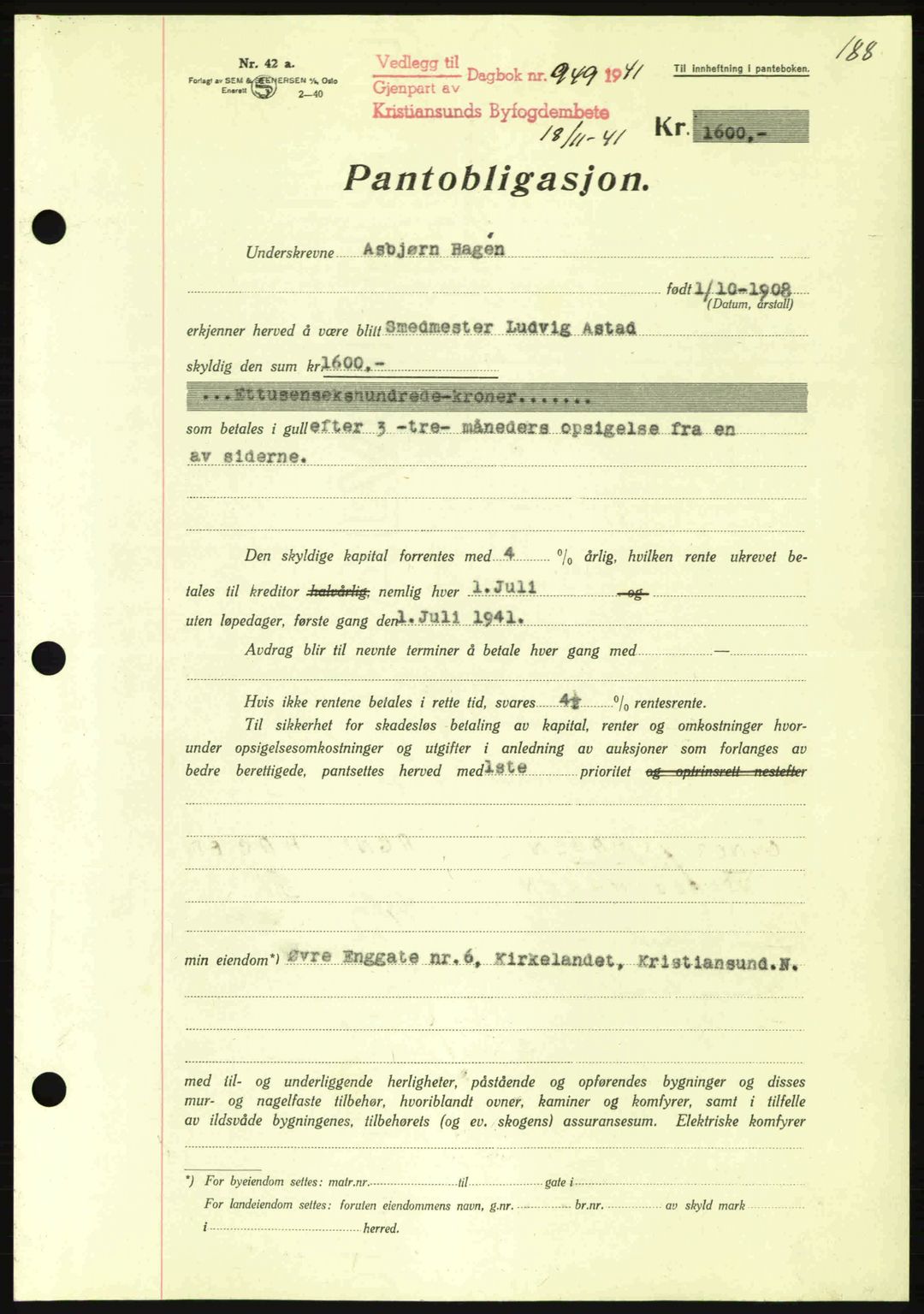 Kristiansund byfogd, AV/SAT-A-4587/A/27: Mortgage book no. 35, 1941-1942, Diary no: : 949/1941