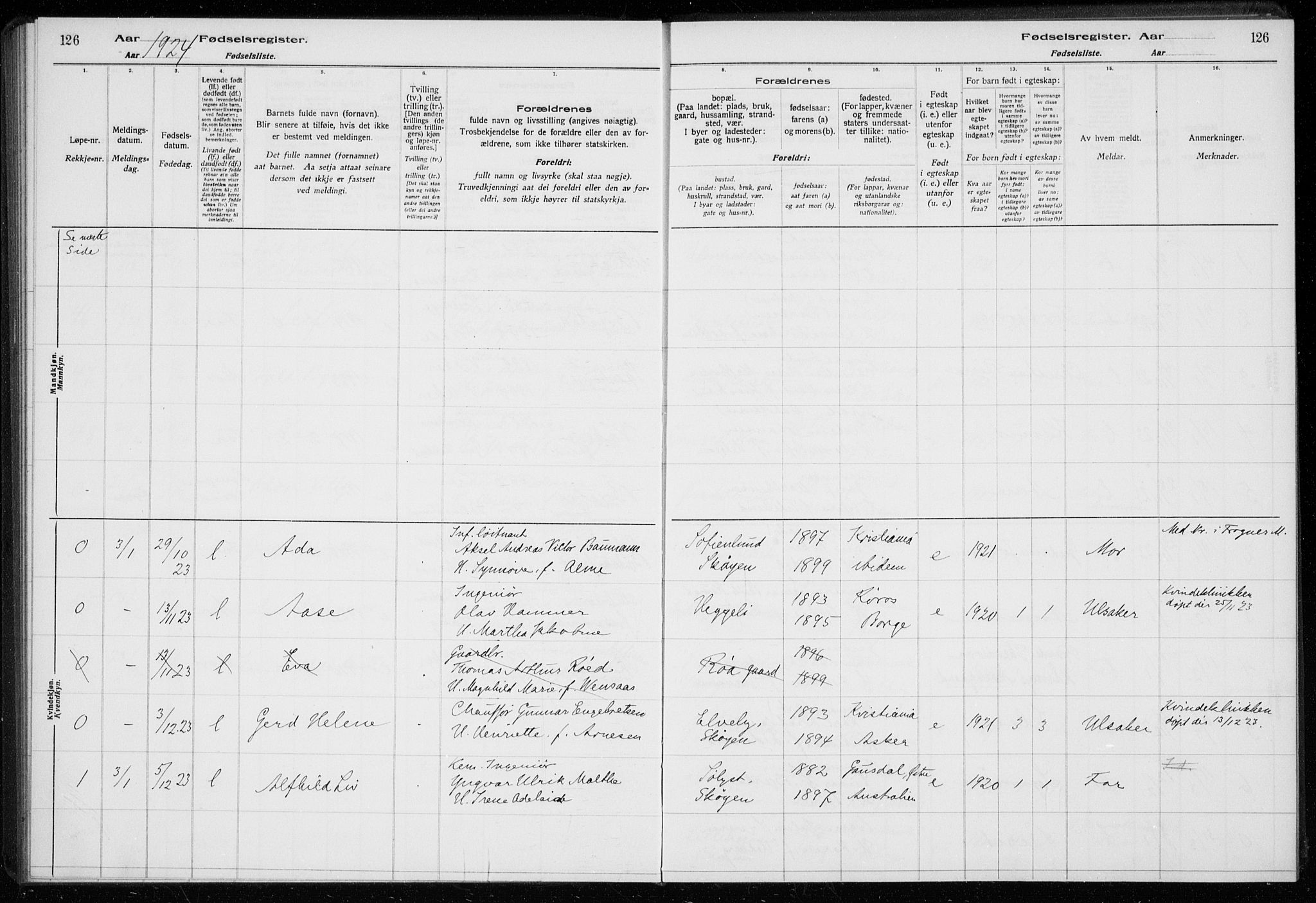 Ullern prestekontor Kirkebøker, SAO/A-10740/J/L0001: Birth register no. 1, 1916-1928, p. 126