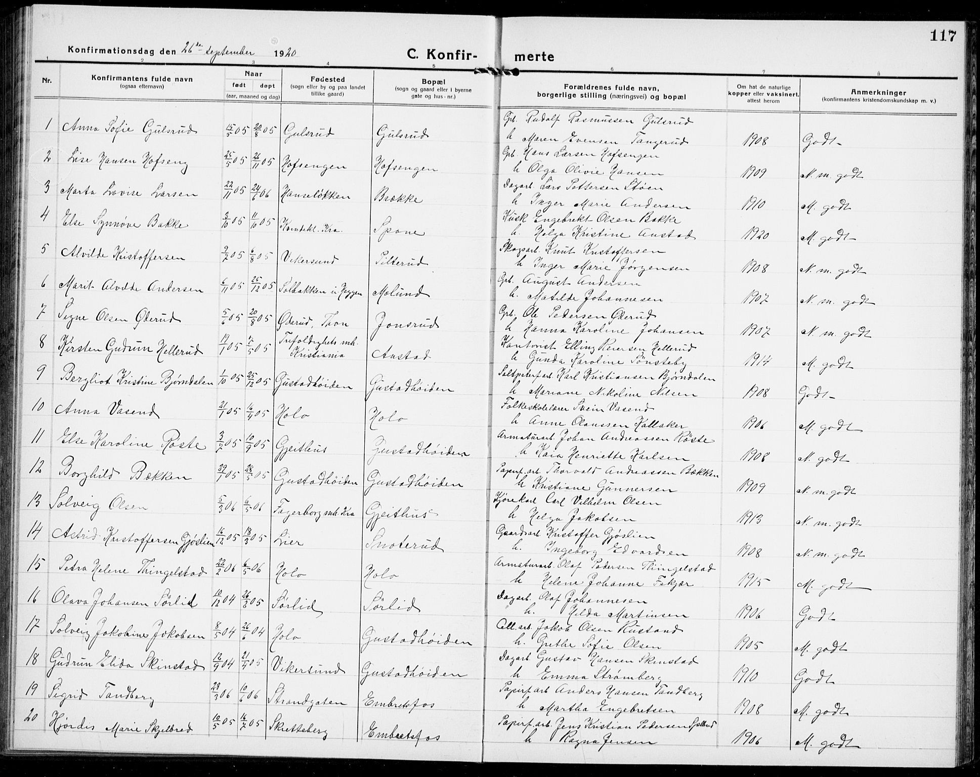 Modum kirkebøker, AV/SAKO-A-234/G/Ga/L0012: Parish register (copy) no. I 12, 1923-1933, p. 117