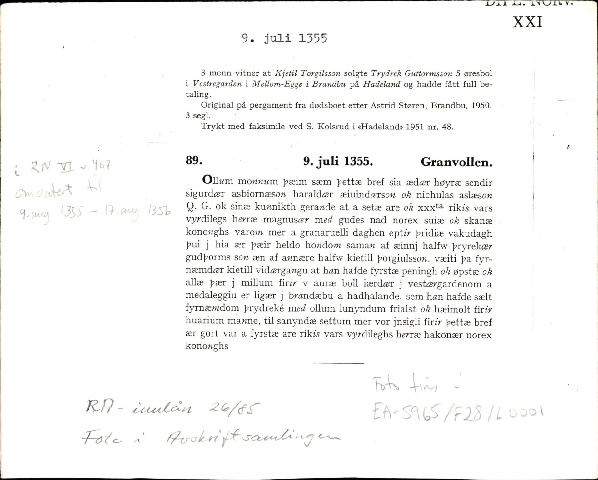 Riksarkivets diplomsamling, AV/RA-EA-5965/F35/F35d/L0001: Innlånte diplomer, seddelregister, 1316-1591, p. 21