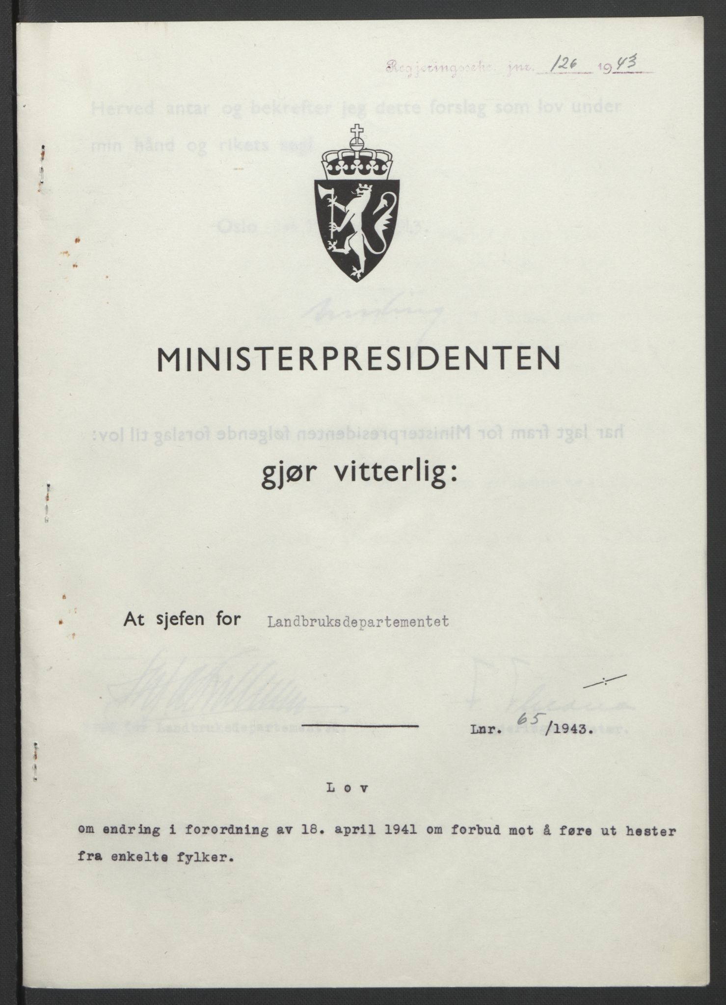 NS-administrasjonen 1940-1945 (Statsrådsekretariatet, de kommisariske statsråder mm), AV/RA-S-4279/D/Db/L0099: Lover, 1943, p. 300