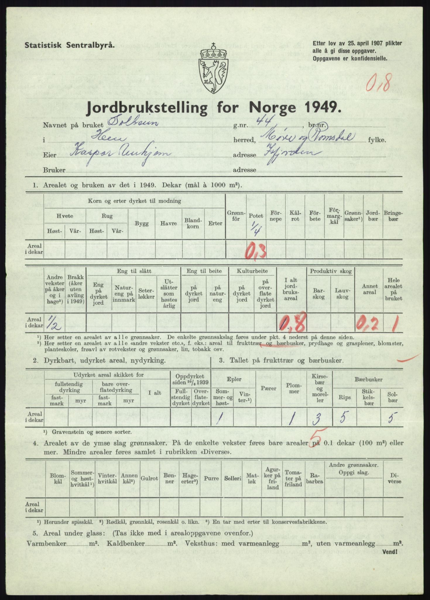 Statistisk sentralbyrå, Næringsøkonomiske emner, Jordbruk, skogbruk, jakt, fiske og fangst, AV/RA-S-2234/G/Gc/L0323: Møre og Romsdal: Grytten og Hen, 1949, p. 469