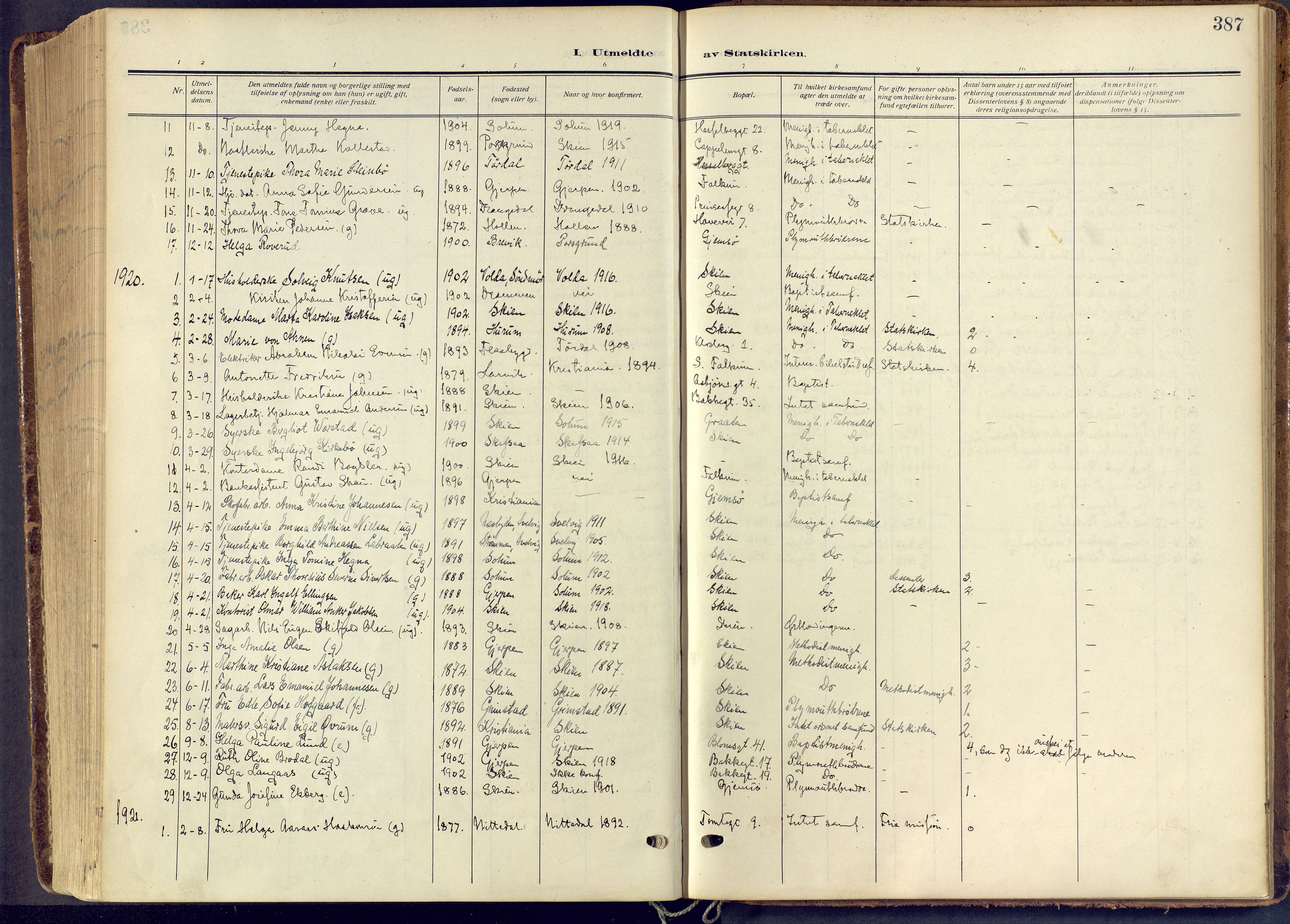 Skien kirkebøker, SAKO/A-302/F/Fa/L0013: Parish register (official) no. 13, 1915-1921, p. 387