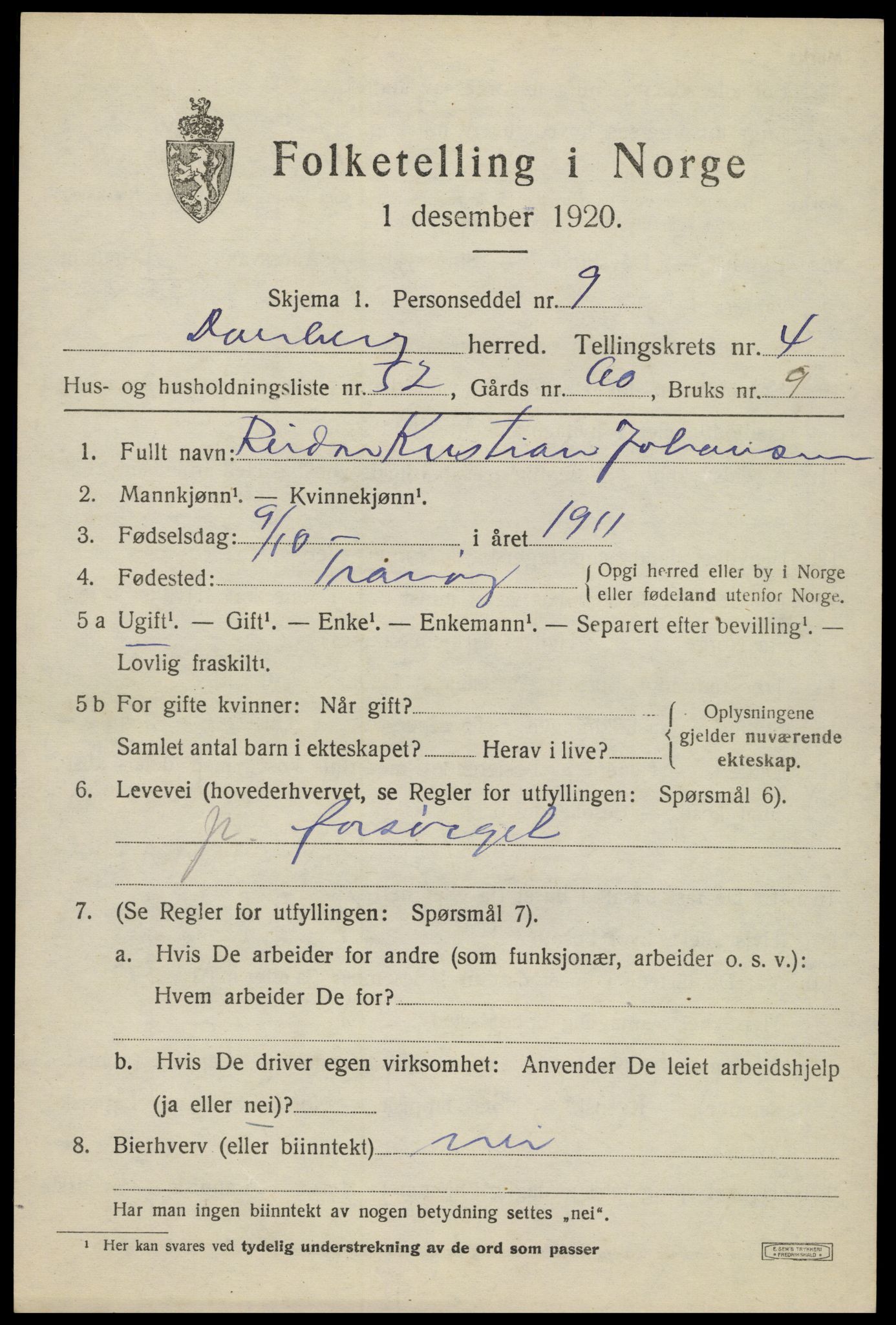 SAT, 1920 census for Dverberg, 1920, p. 5852