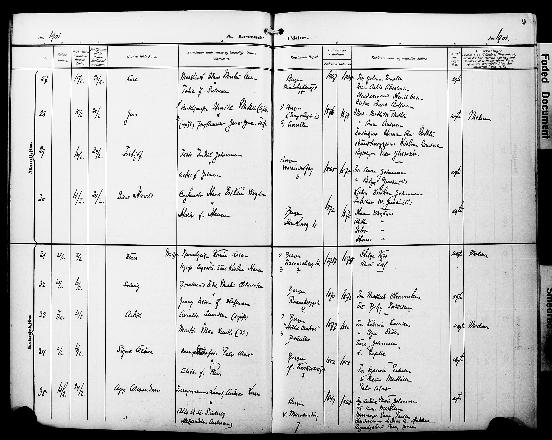 Fødselsstiftelsens sokneprestembete*, SAB/-: Parish register (copy) no. A 1, 1900-1909, p. 9