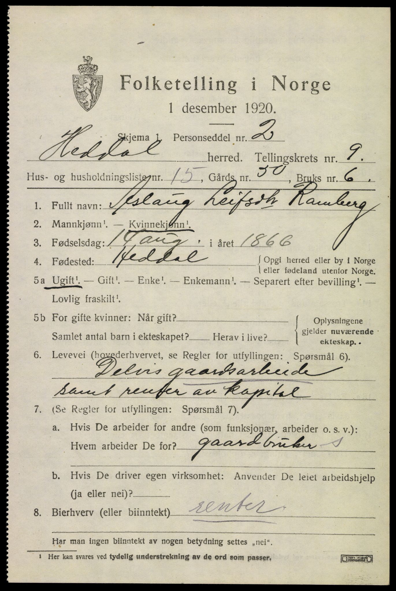 SAKO, 1920 census for Heddal, 1920, p. 6758