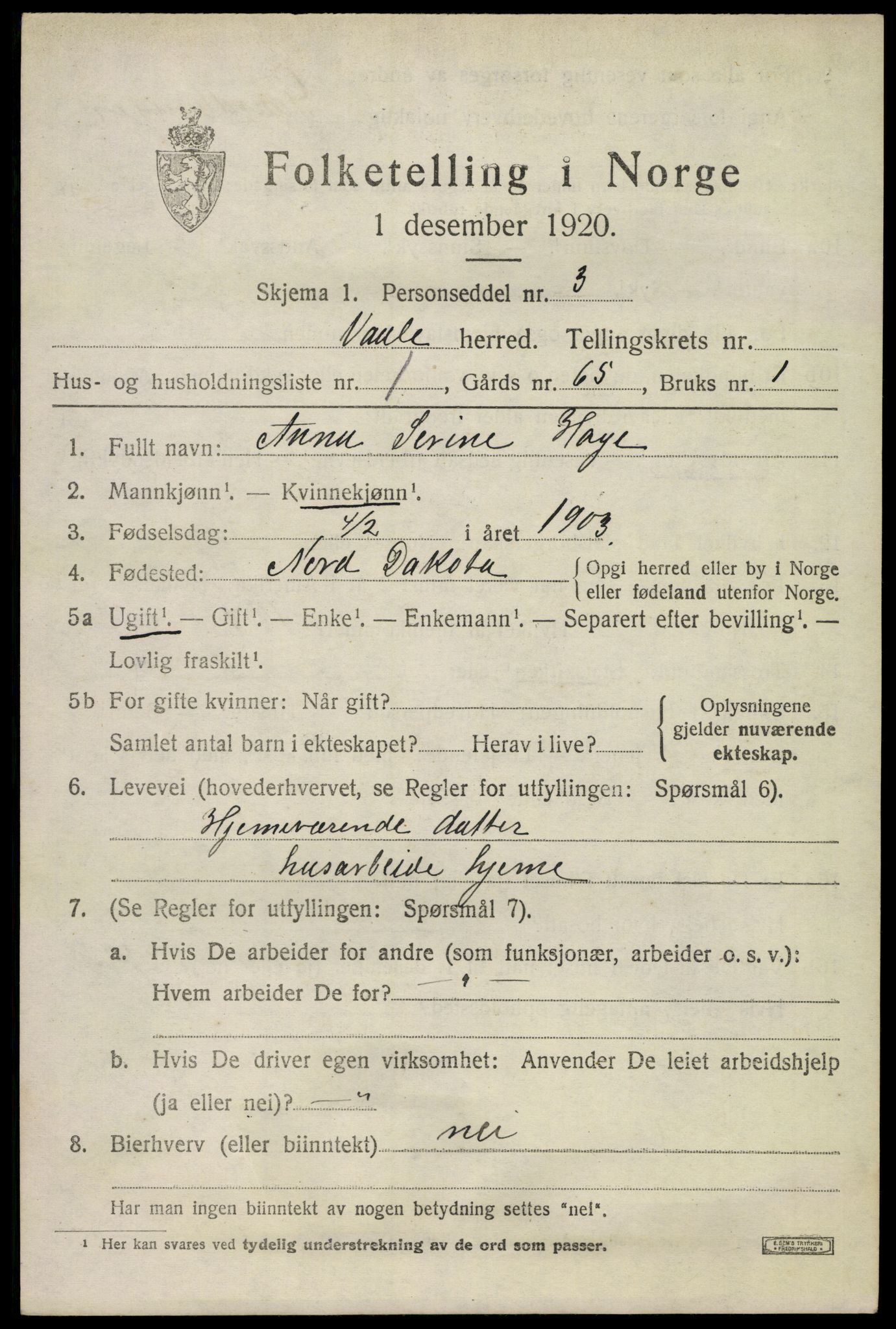 SAKO, 1920 census for Våle, 1920, p. 3606