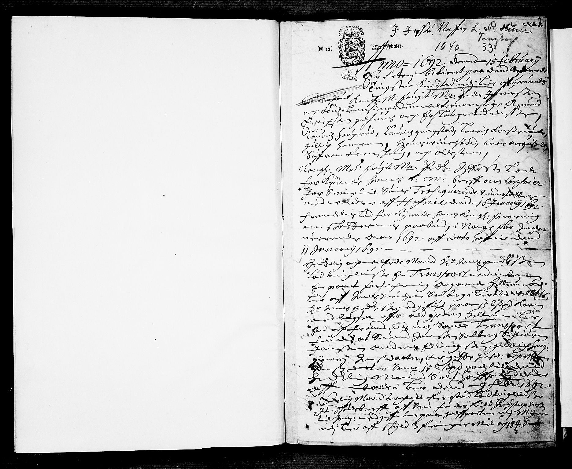 Lier, Røyken og Hurum sorenskriveri, SAKO/A-89/F/Fa/L0033: Tingbok, 1692, p. 1