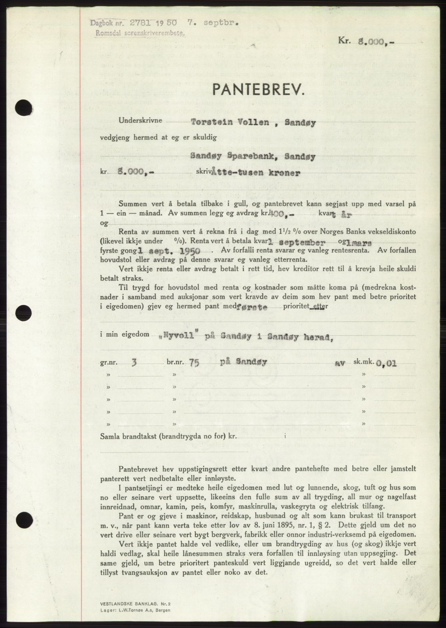 Romsdal sorenskriveri, AV/SAT-A-4149/1/2/2C: Mortgage book no. B5, 1949-1950, Diary no: : 2781/1950