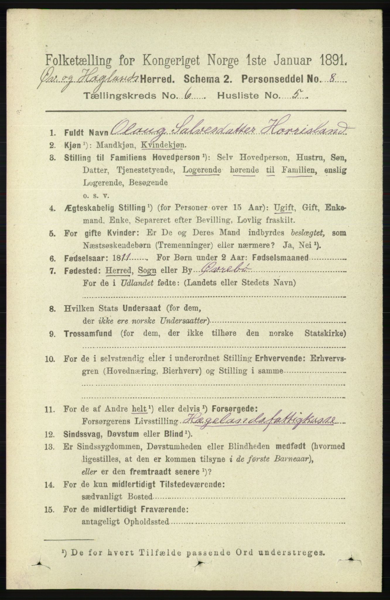 RA, 1891 census for 1016 Øvrebø og Hægeland, 1891, p. 1199