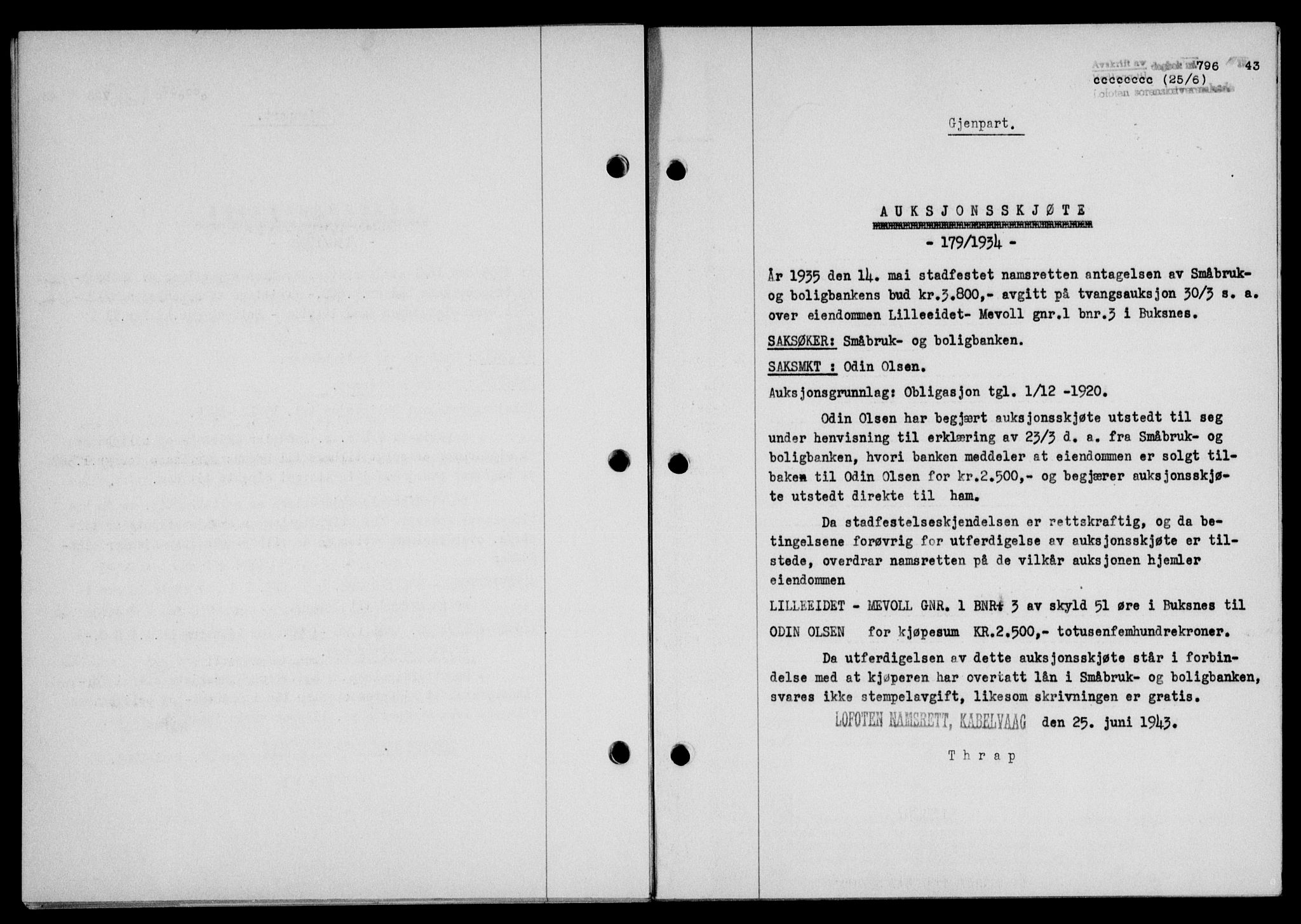 Lofoten sorenskriveri, SAT/A-0017/1/2/2C/L0011a: Mortgage book no. 11a, 1943-1943, Diary no: : 796/1943
