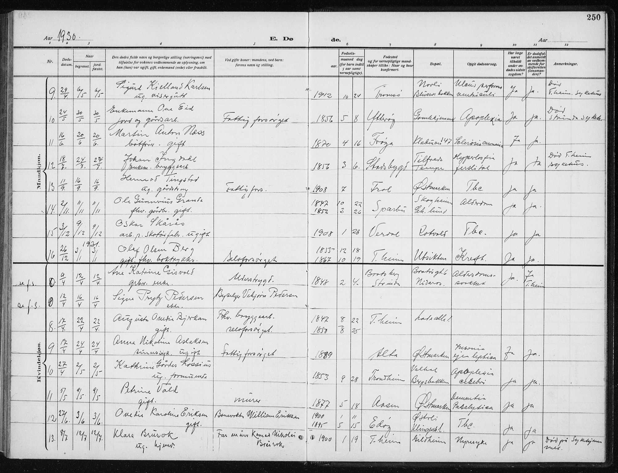 Ministerialprotokoller, klokkerbøker og fødselsregistre - Sør-Trøndelag, AV/SAT-A-1456/606/L0314: Parish register (copy) no. 606C10, 1911-1937, p. 250