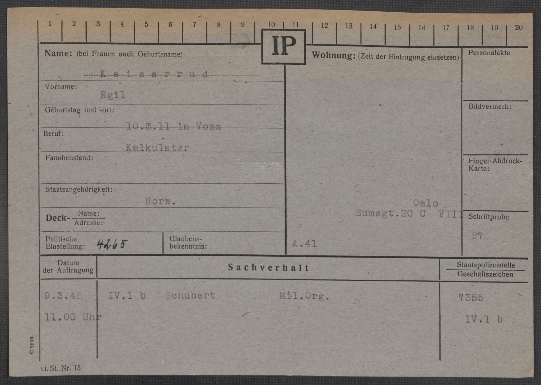 Befehlshaber der Sicherheitspolizei und des SD, AV/RA-RAFA-5969/E/Ea/Eaa/L0005: Register over norske fanger i Møllergata 19: Hø-Kj, 1940-1945, p. 1315