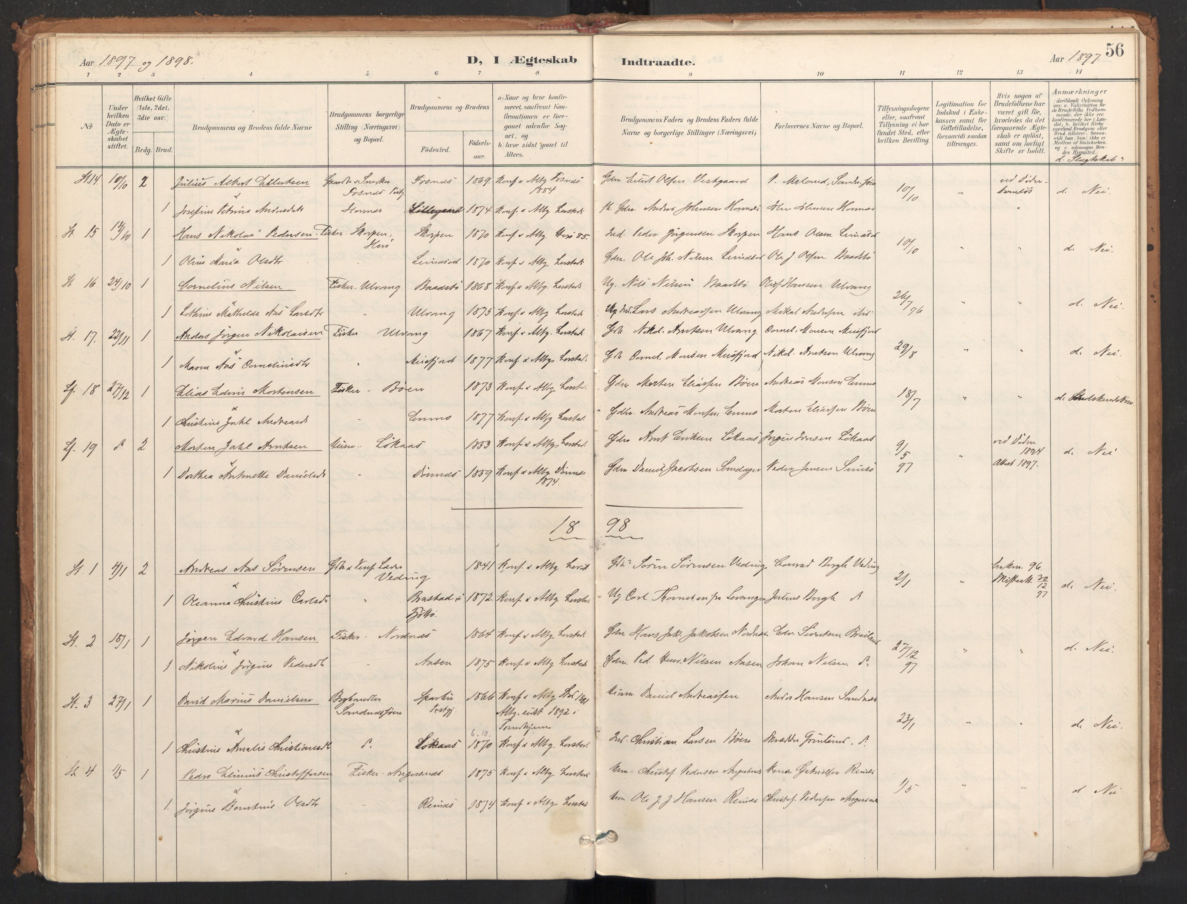 Ministerialprotokoller, klokkerbøker og fødselsregistre - Nordland, AV/SAT-A-1459/831/L0472: Parish register (official) no. 831A03, 1897-1912, p. 56