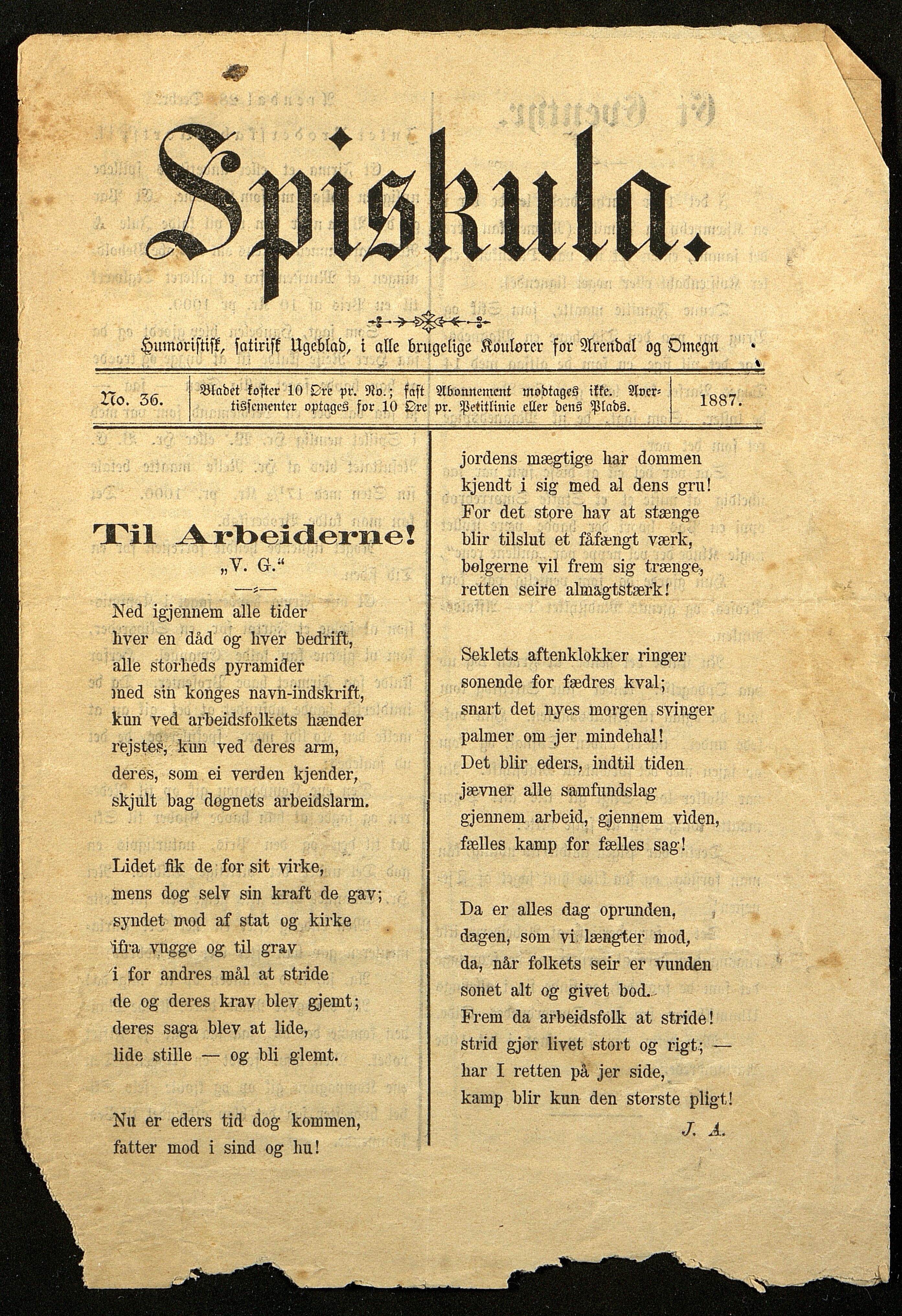 Spidskuglen, AAKS/PA-2823/X/L0001/0001: Spidskuglen / Årg. 1887, nr. 1–2, 4–23, 25–36, 1887