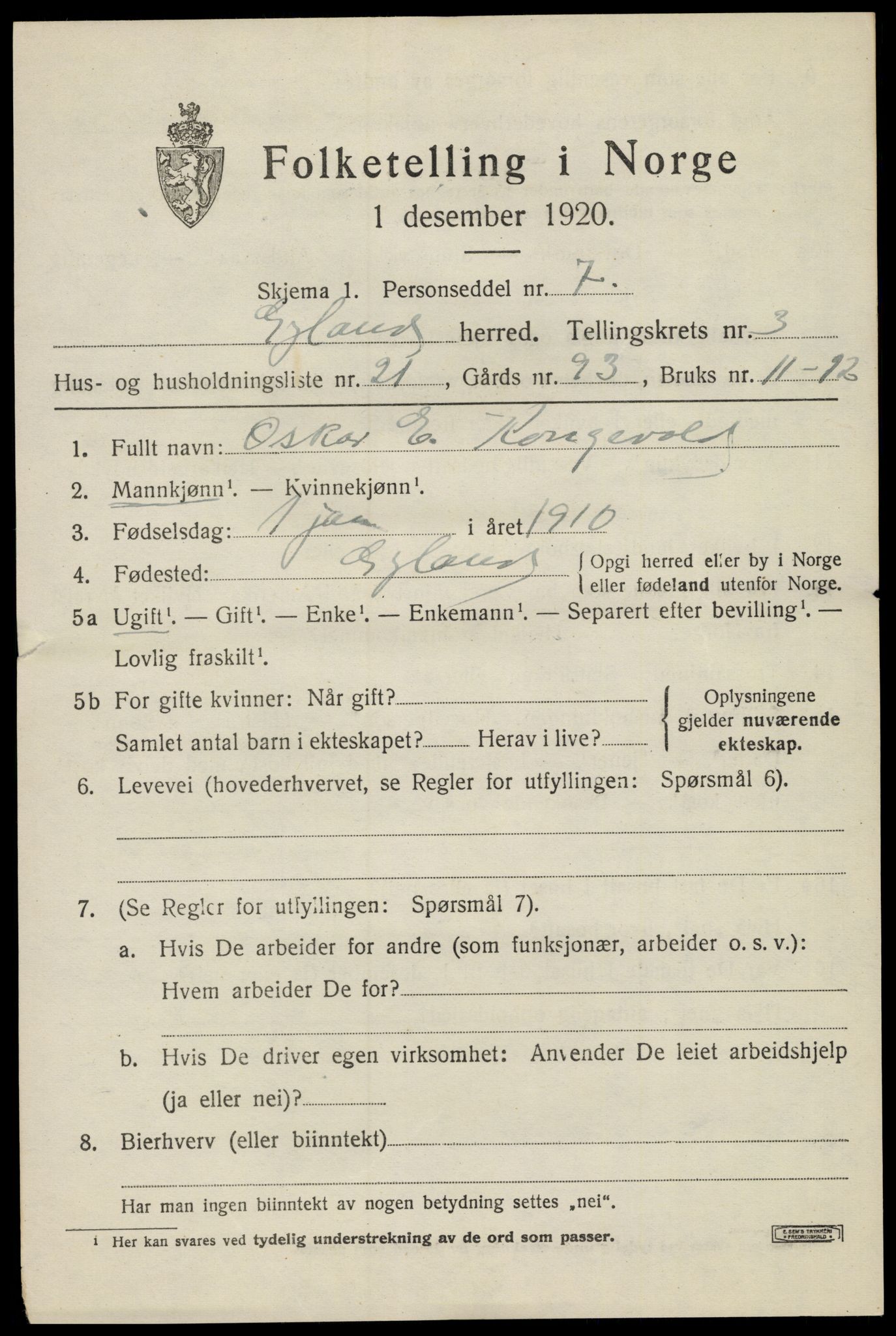 SAK, 1920 census for Gyland, 1920, p. 1014