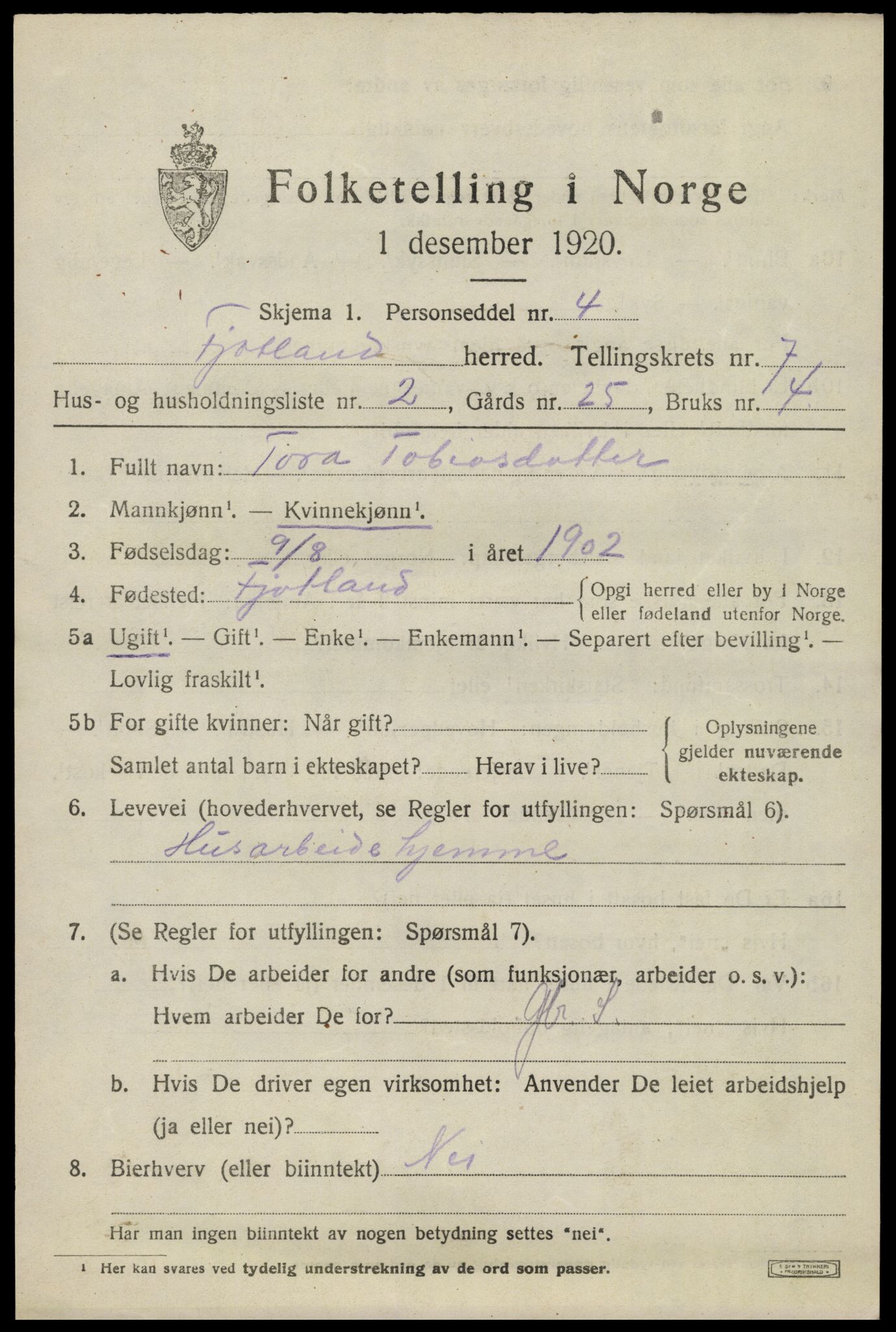 SAK, 1920 census for Fjotland, 1920, p. 1828