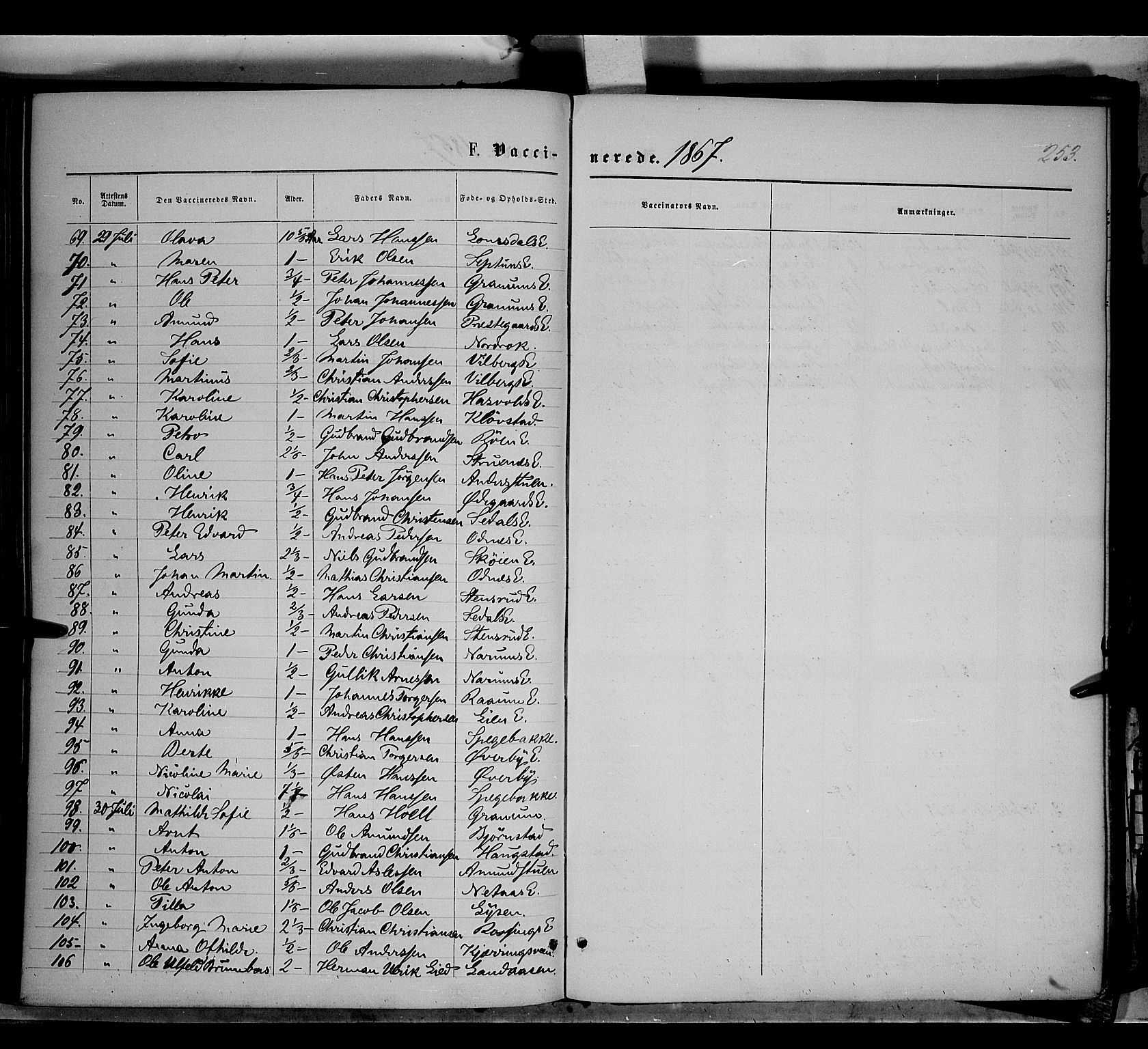 Søndre Land prestekontor, SAH/PREST-122/K/L0001: Parish register (official) no. 1, 1860-1877, p. 253