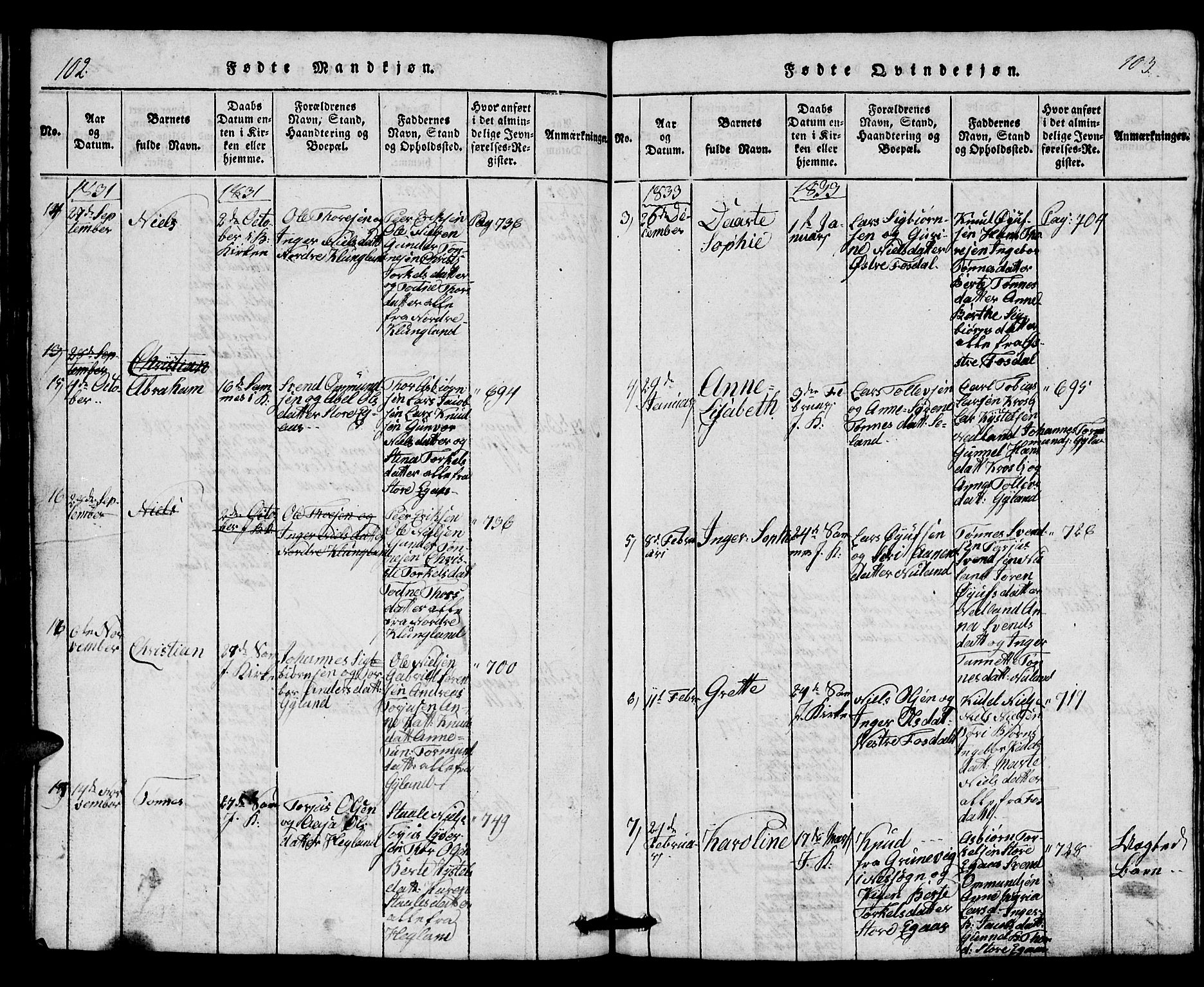 Bakke sokneprestkontor, SAK/1111-0002/F/Fb/Fbb/L0001: Parish register (copy) no. B 1, 1815-1835, p. 102-103