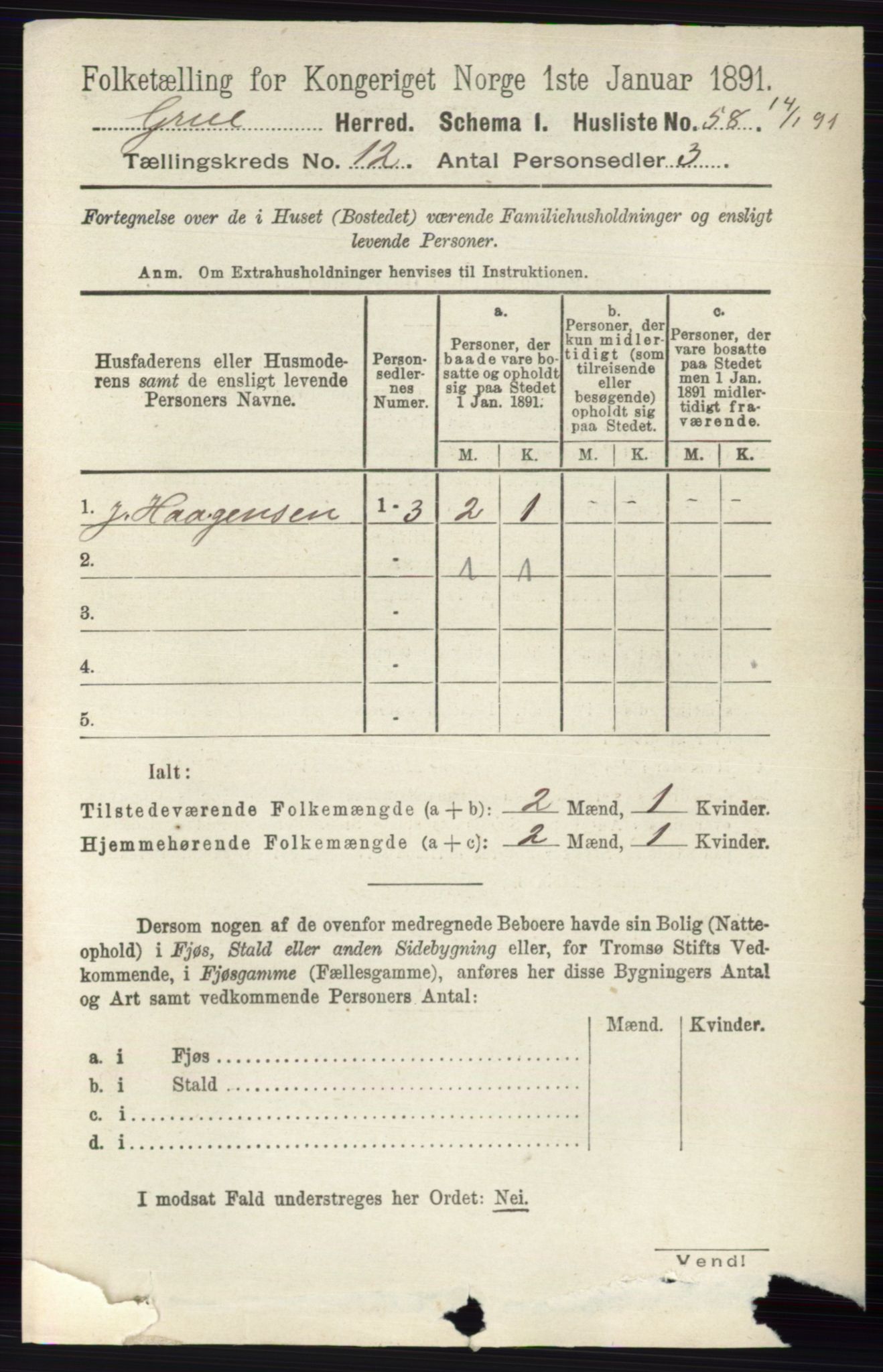 RA, 1891 census for 0423 Grue, 1891, p. 6116