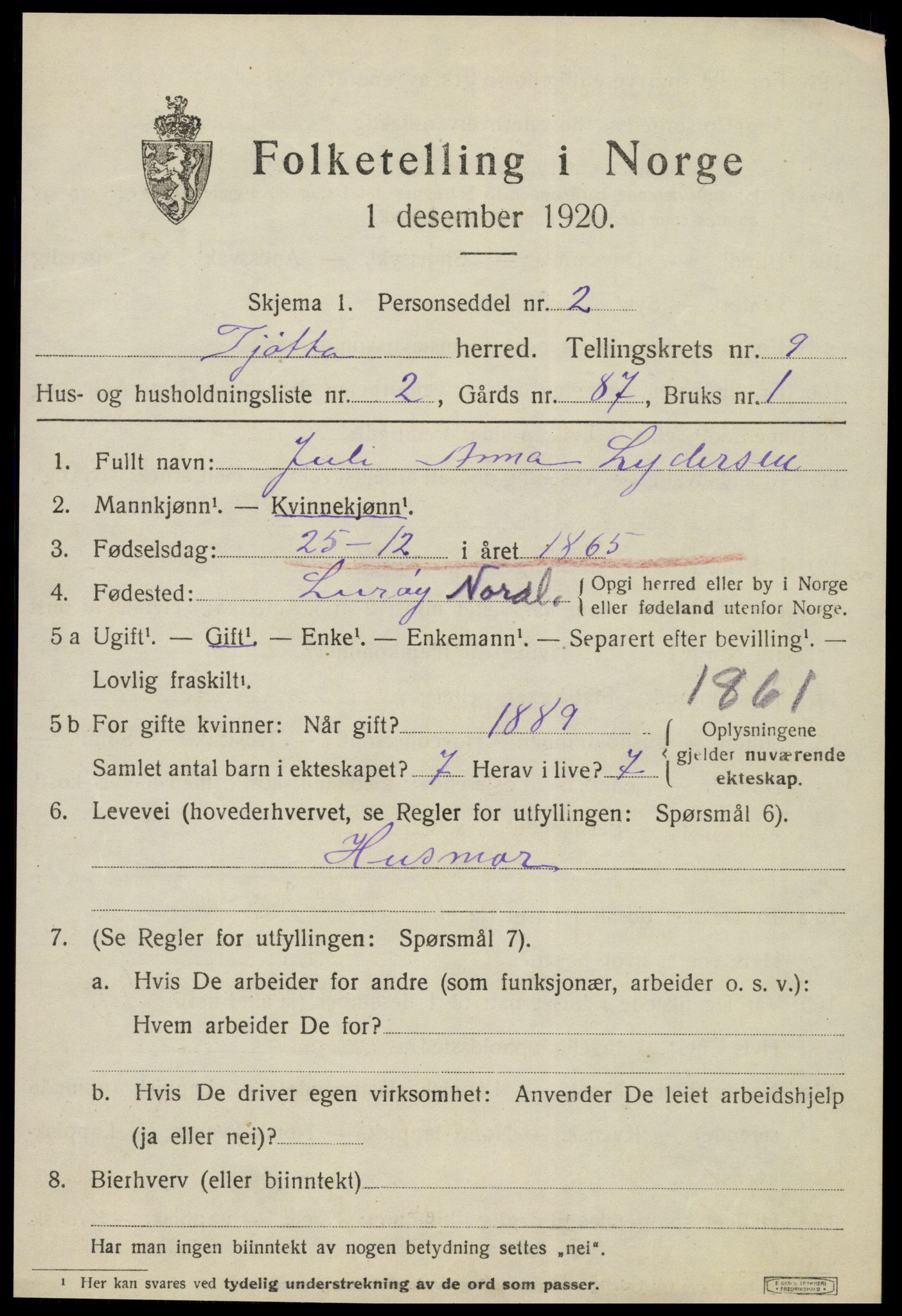 SAT, 1920 census for Tjøtta, 1920, p. 3915