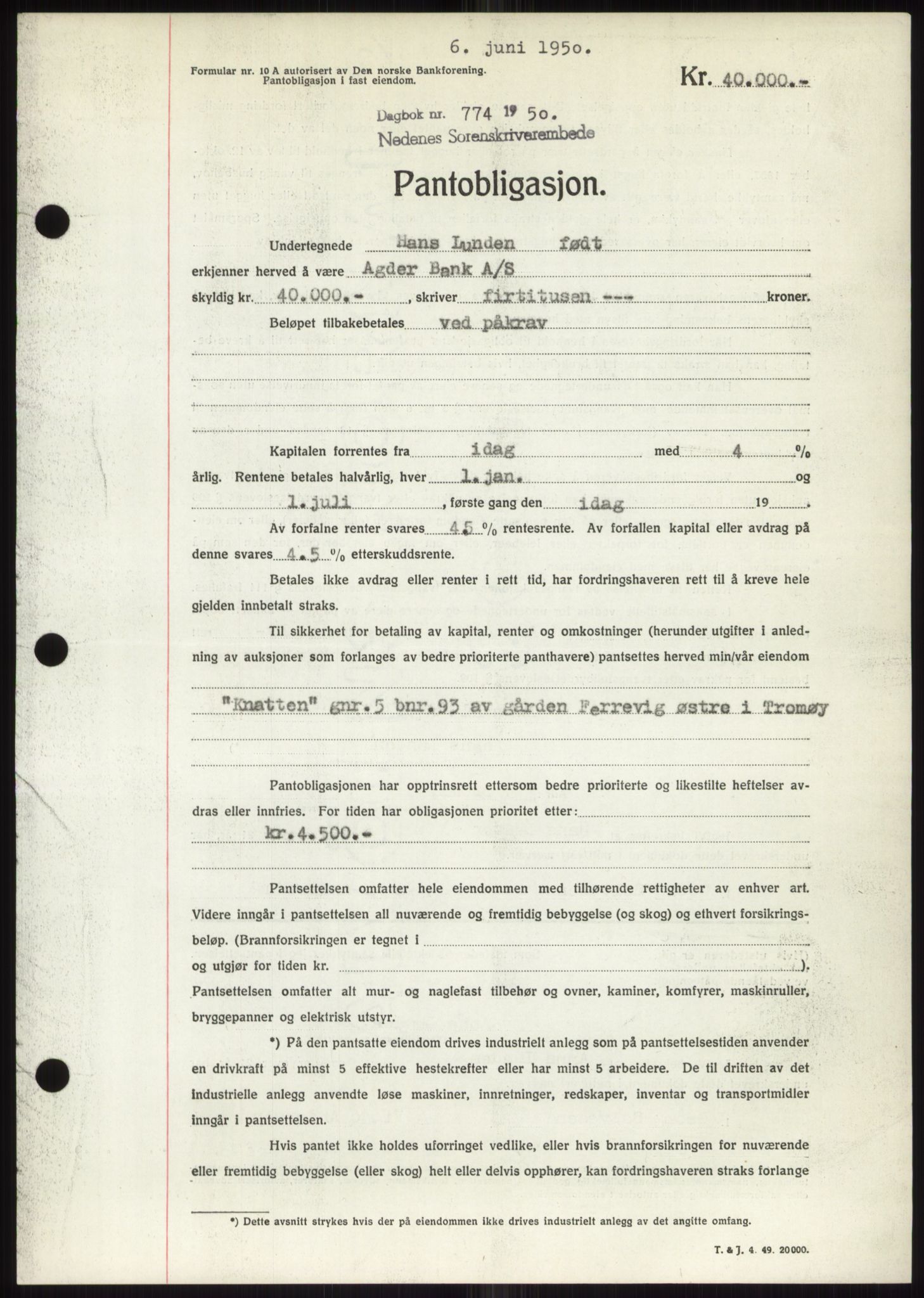 Nedenes sorenskriveri, AV/SAK-1221-0006/G/Gb/Gbb/L0007: Mortgage book no. B7, 1949-1950, Diary no: : 774/1950