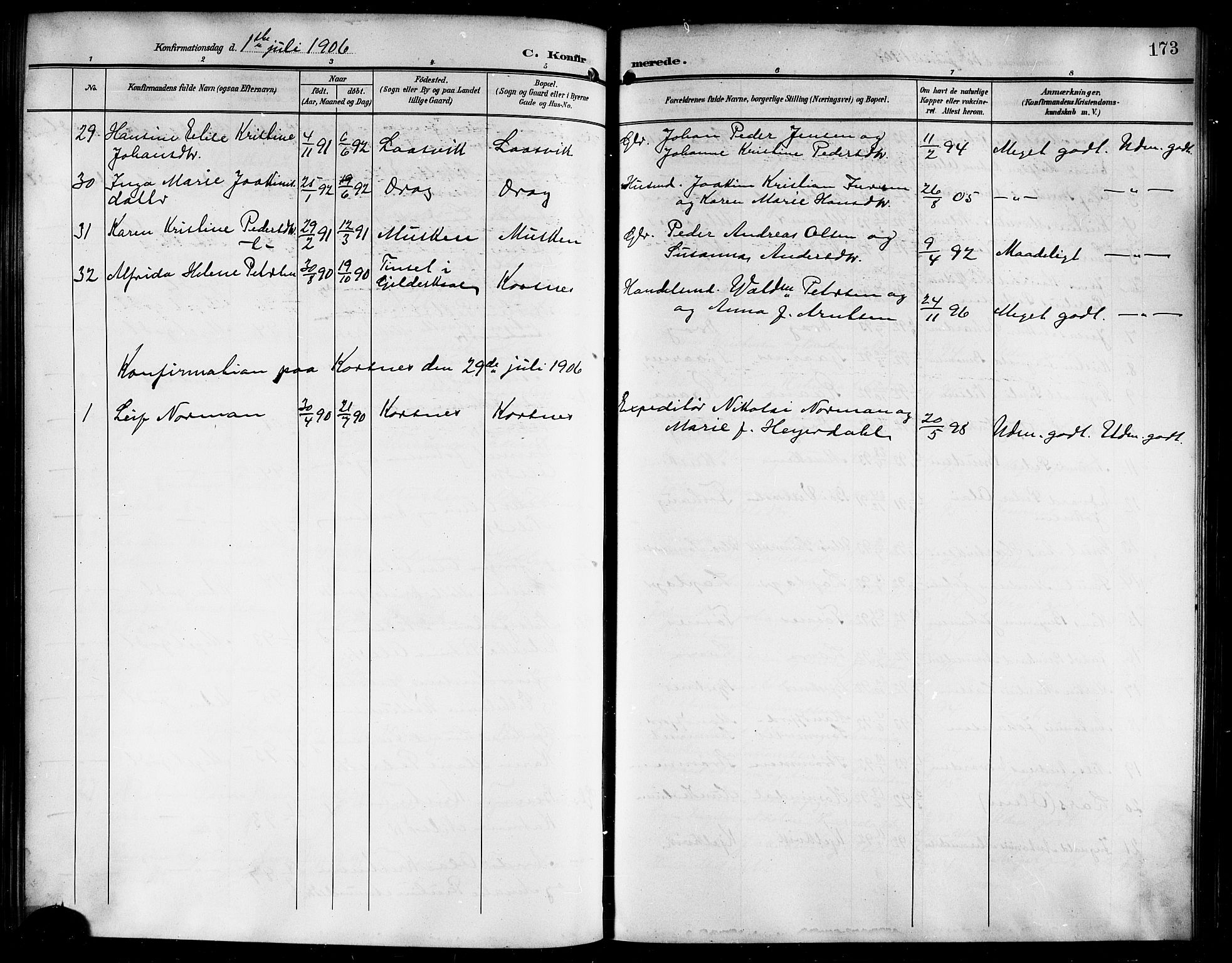 Ministerialprotokoller, klokkerbøker og fødselsregistre - Nordland, AV/SAT-A-1459/861/L0877: Parish register (copy) no. 861C03, 1903-1919, p. 173