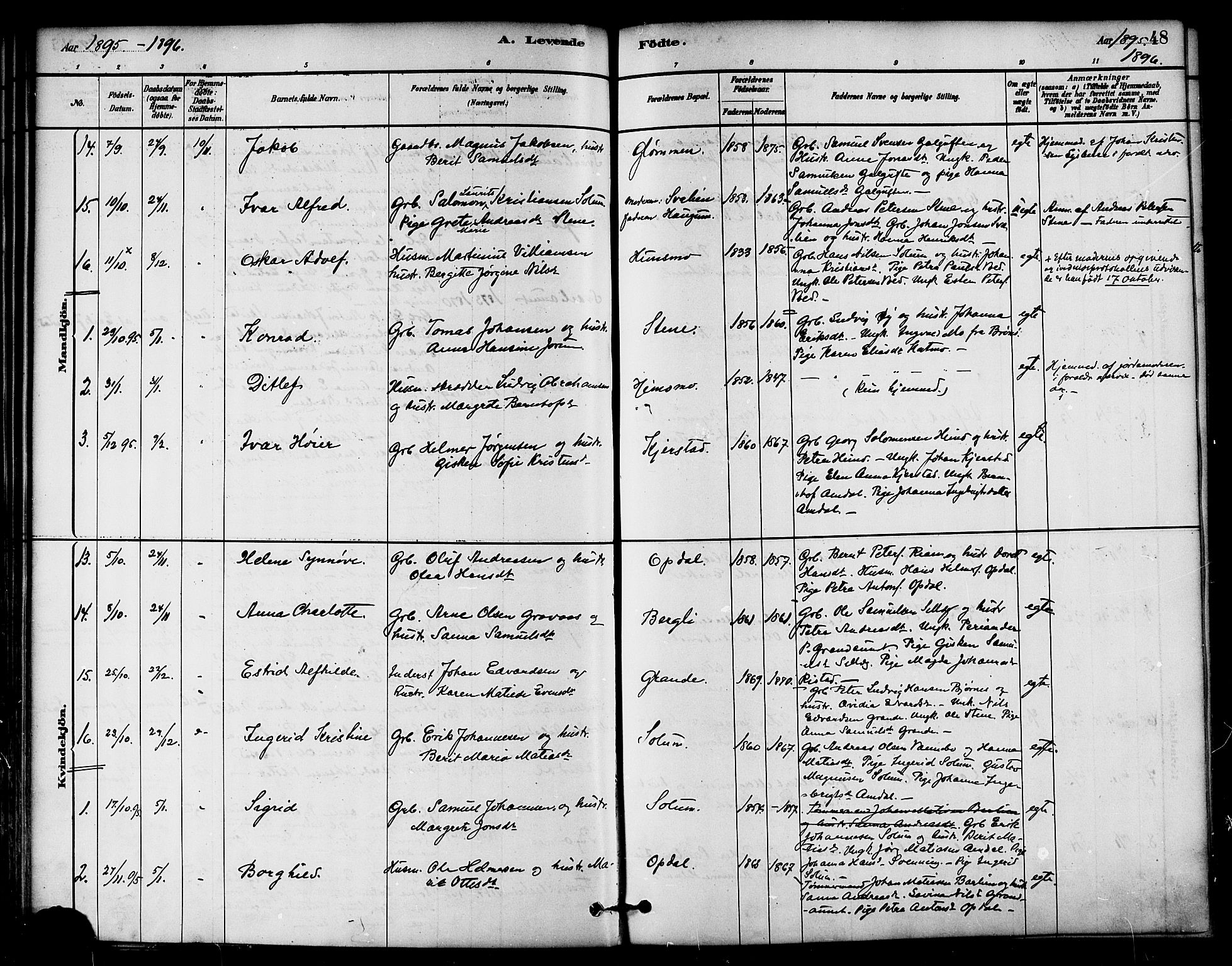 Ministerialprotokoller, klokkerbøker og fødselsregistre - Nord-Trøndelag, AV/SAT-A-1458/764/L0555: Parish register (official) no. 764A10, 1881-1896, p. 48