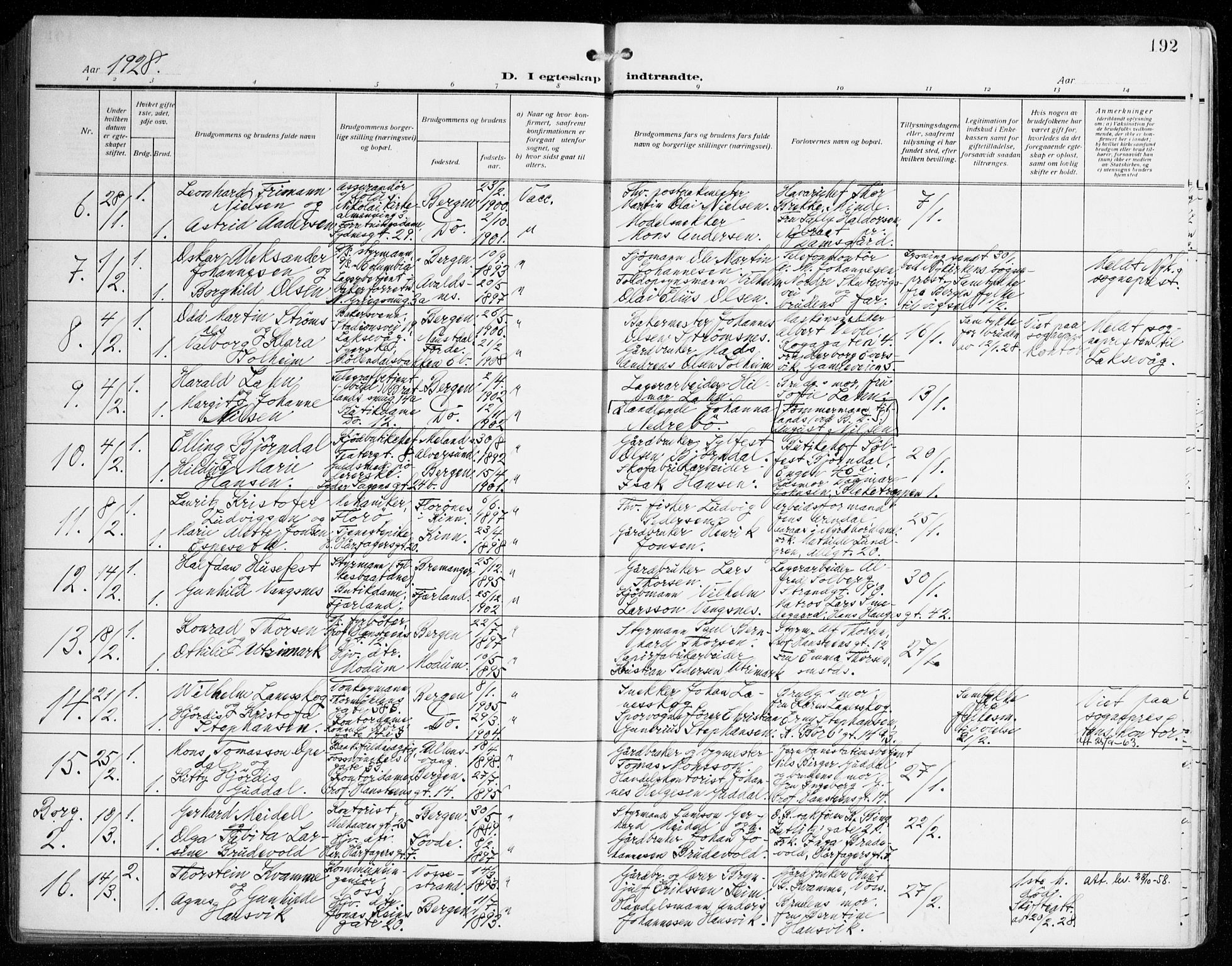 Johanneskirken sokneprestembete, SAB/A-76001/H/Haa/L0013: Parish register (official) no. D 2, 1912-1929, p. 192
