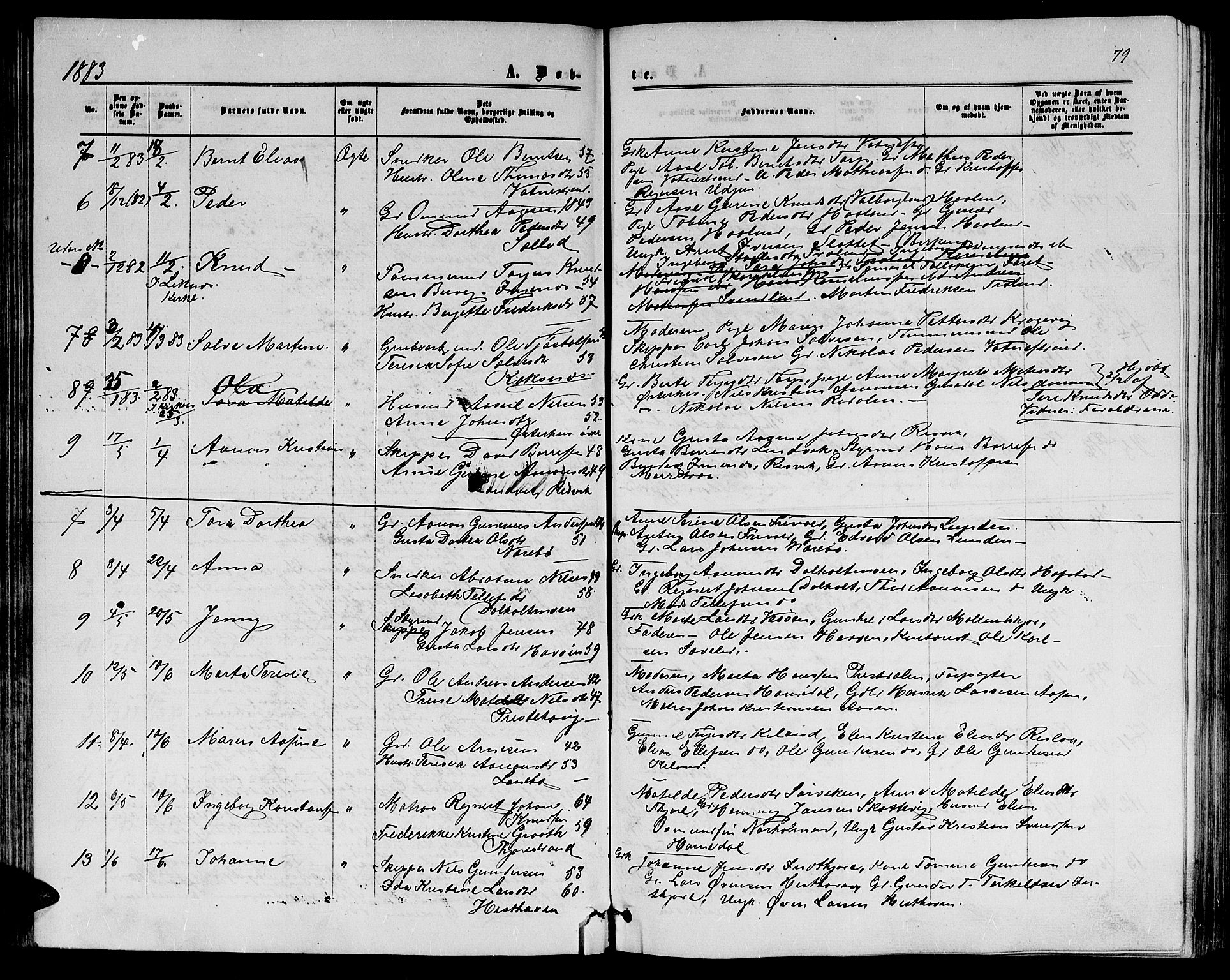 Hommedal sokneprestkontor, SAK/1111-0023/F/Fb/Fbb/L0006: Parish register (copy) no. B 6, 1869-1884, p. 79