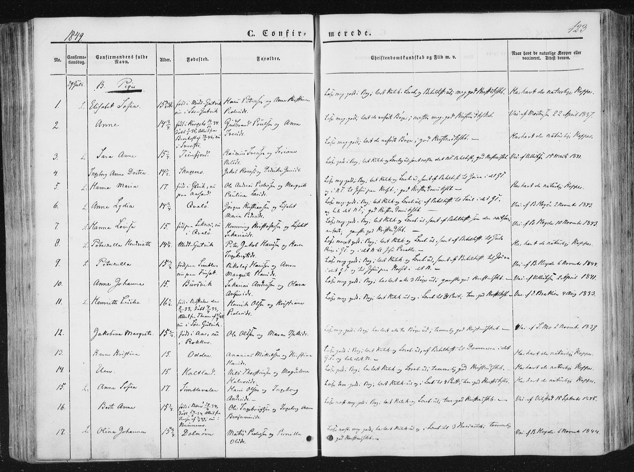 Ministerialprotokoller, klokkerbøker og fødselsregistre - Nord-Trøndelag, AV/SAT-A-1458/780/L0640: Parish register (official) no. 780A05, 1845-1856, p. 123