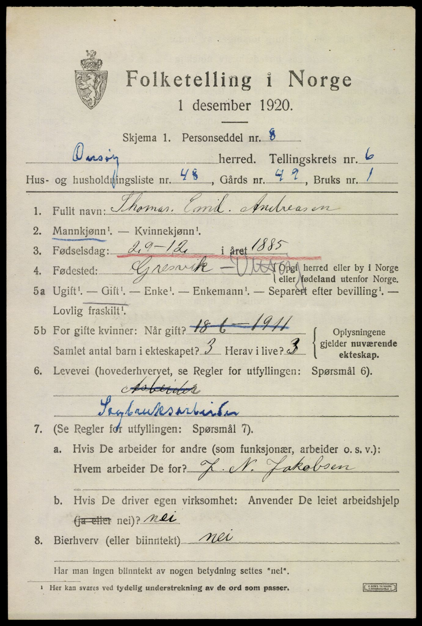 SAO, 1920 census for Onsøy, 1920, p. 9070