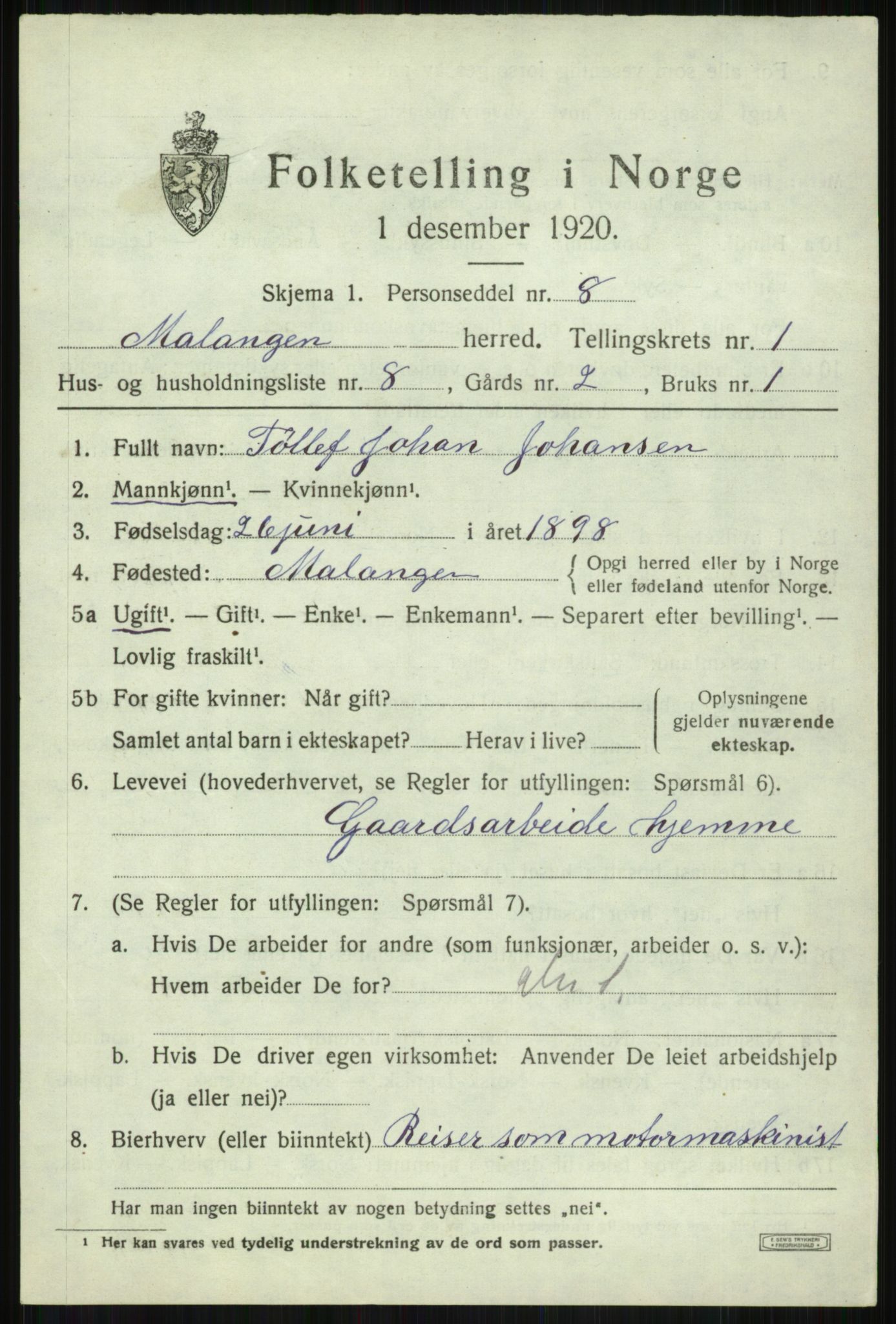 SATØ, 1920 census for Malangen, 1920, p. 796