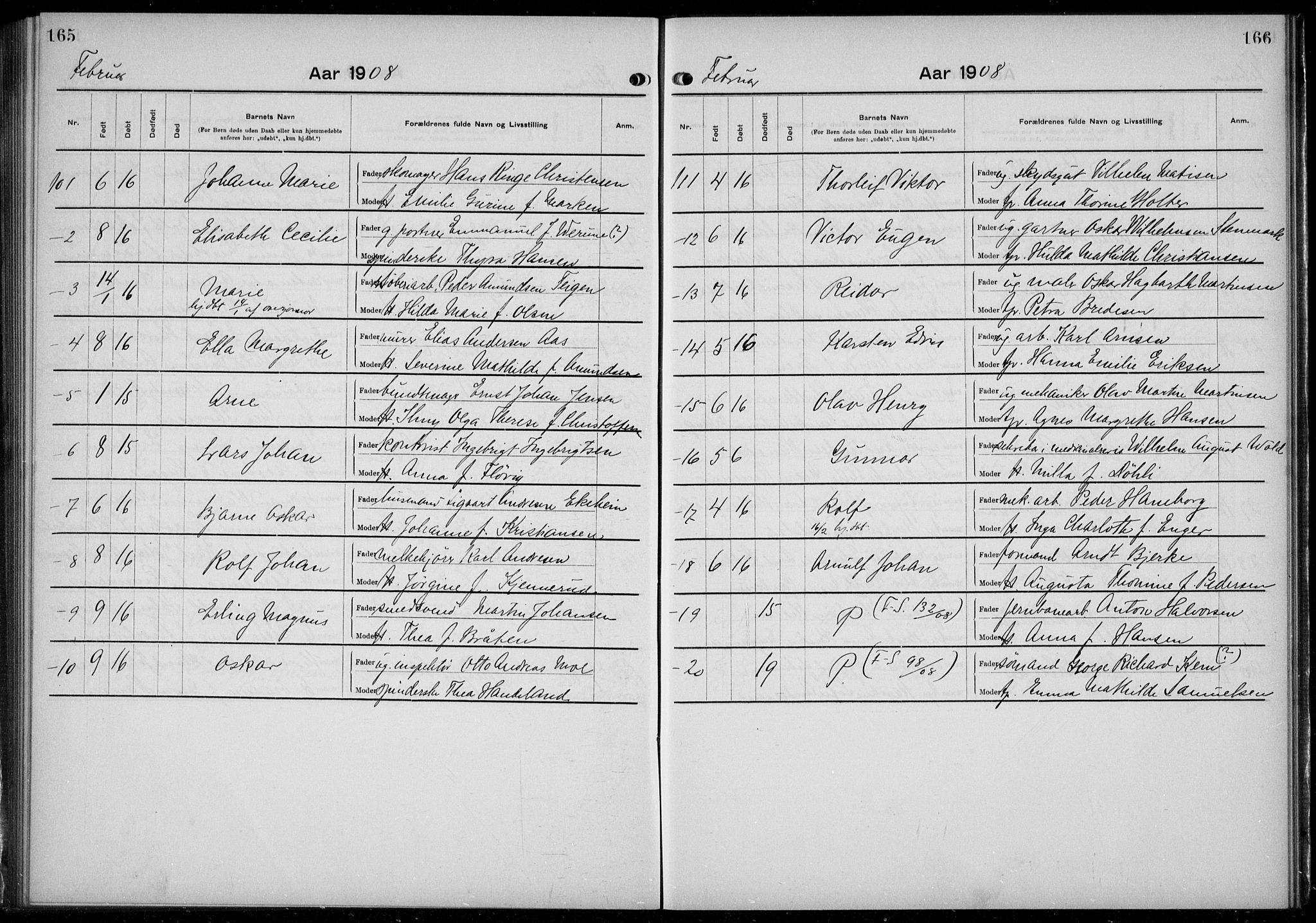 Rikshospitalet prestekontor Kirkebøker, AV/SAO-A-10309b/K/L0006/0002: Baptism register no. 6.2, 1906-1908, p. 165-166